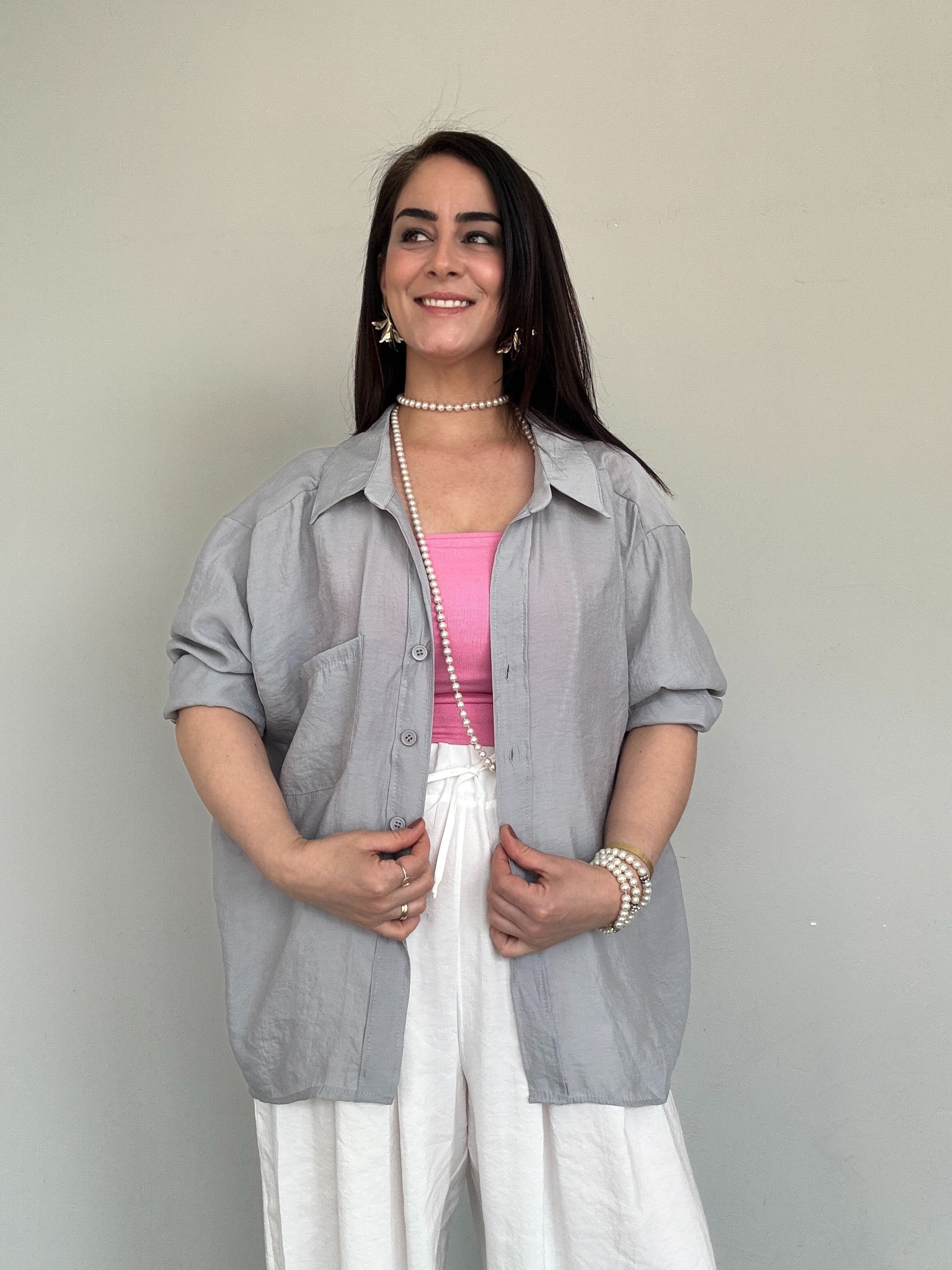 TENCEL KUMAŞ OVERSİZE CEPLİ GRİ GÖMLEK