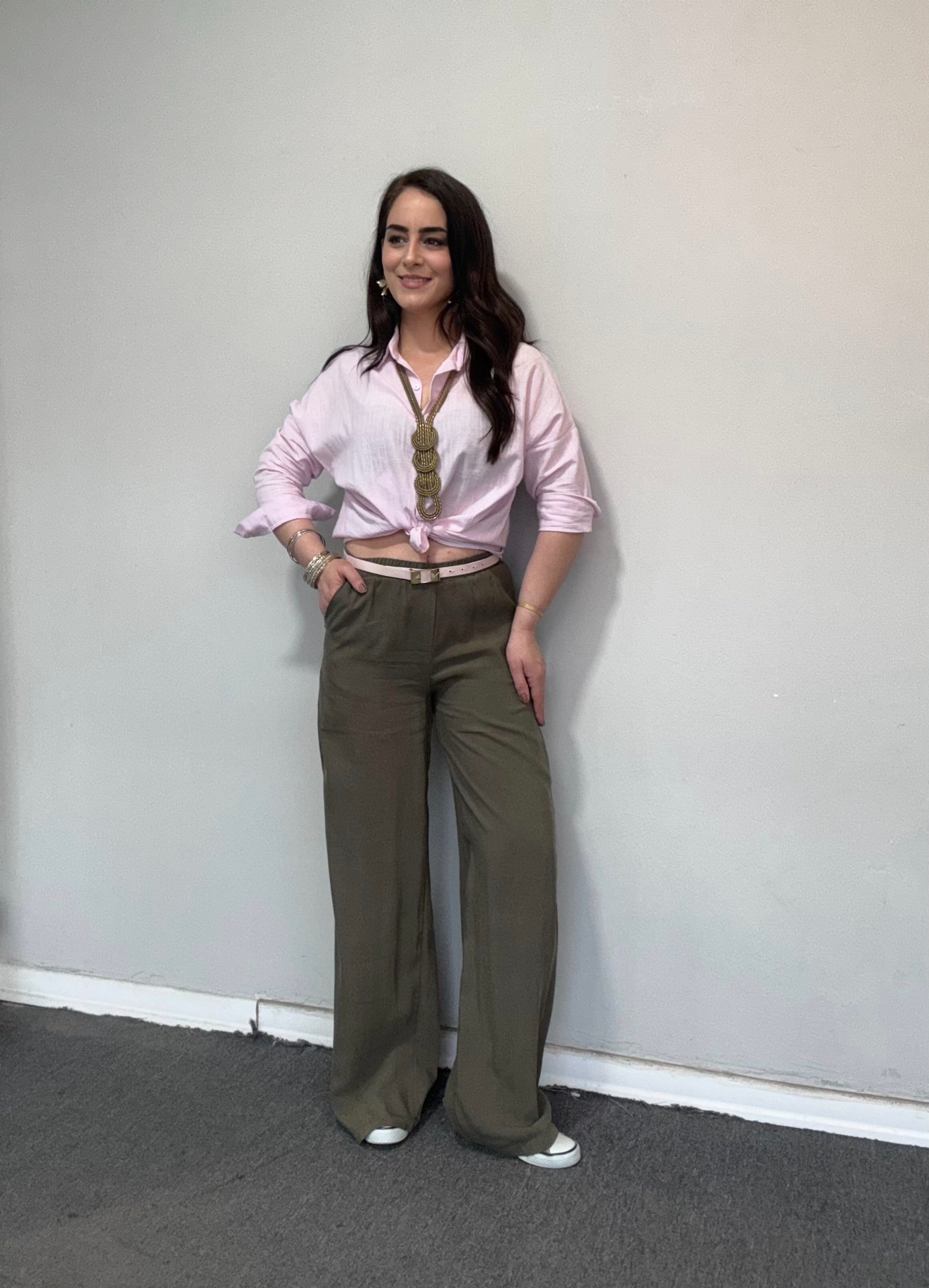 HAKİ BELİ LASTİKLİ VE BAĞCIKLI TENCEL PANTOLON