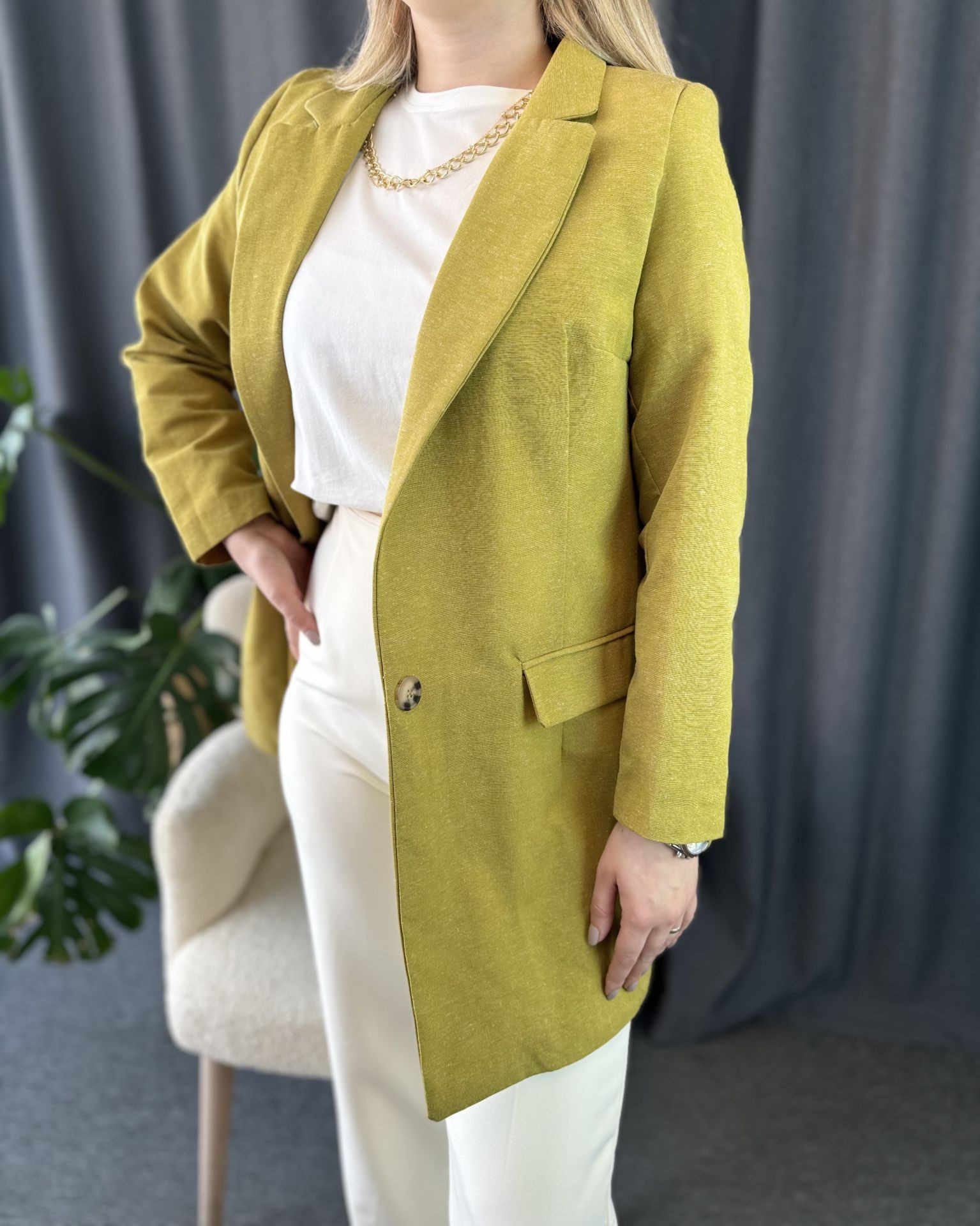 Keten Yağ Yeşili Blazer Ceket