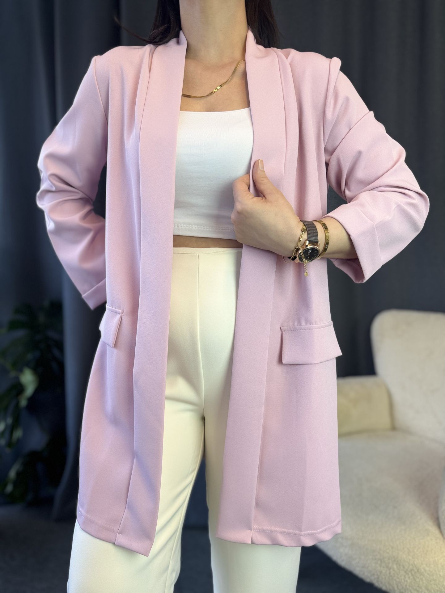 Mevsimlik Double Kumaş Cep Detaylı Pudra Pembe Ceket