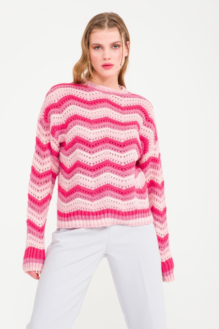 Pembe Zigzag Örme Kazak