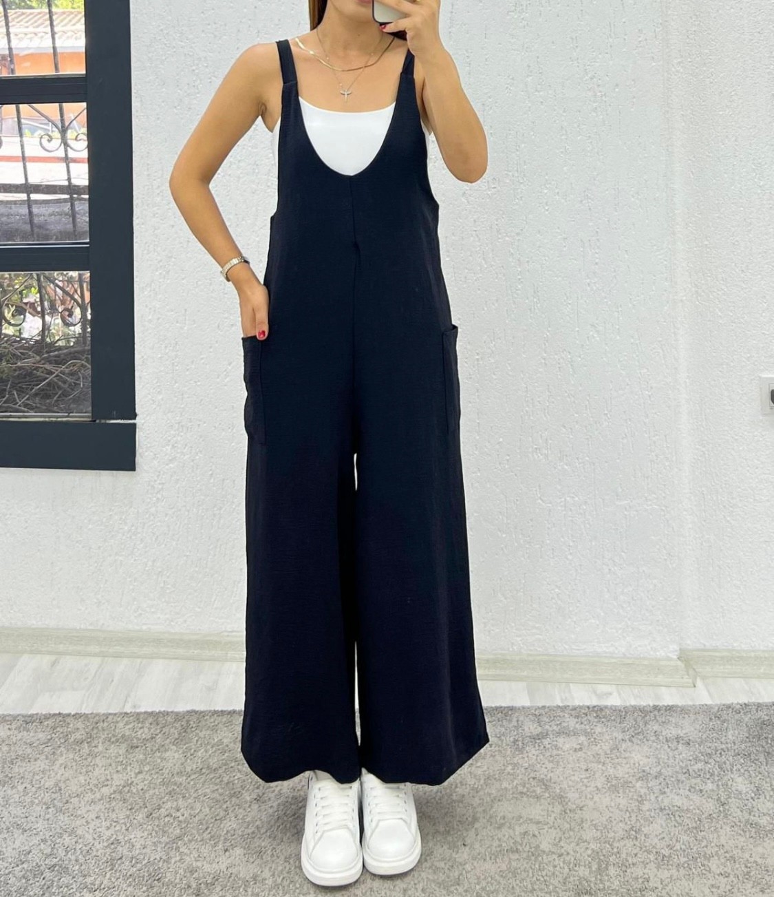 AYROBİN KETEN BOL KESİM SİYAH TULUM