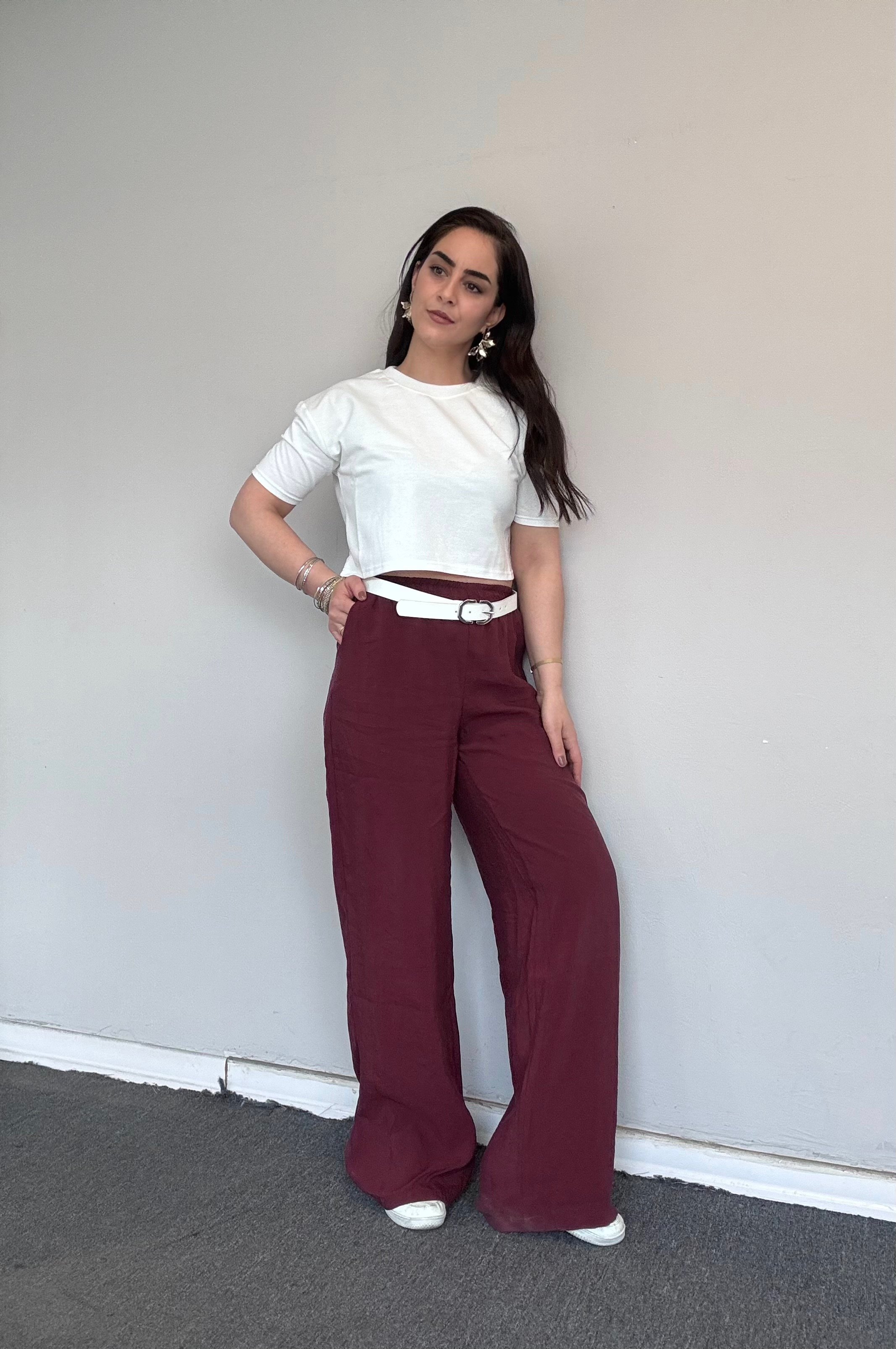 BORDO BELİ LASTİKLİ VE BAĞCIKLI TENCEL PANTOLON