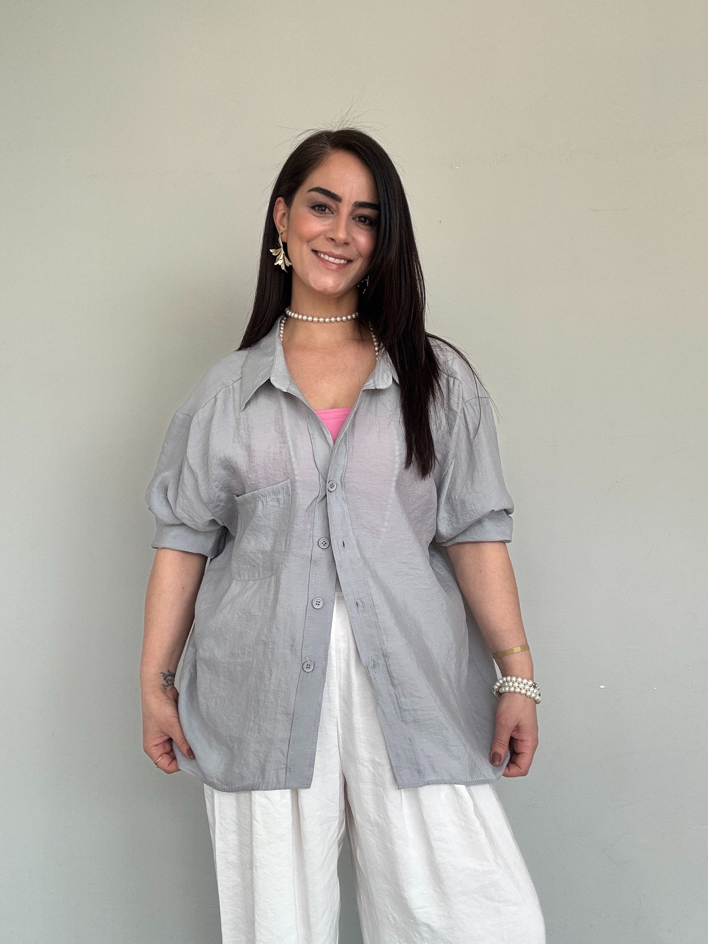 TENCEL KUMAŞ OVERSİZE CEPLİ GRİ GÖMLEK