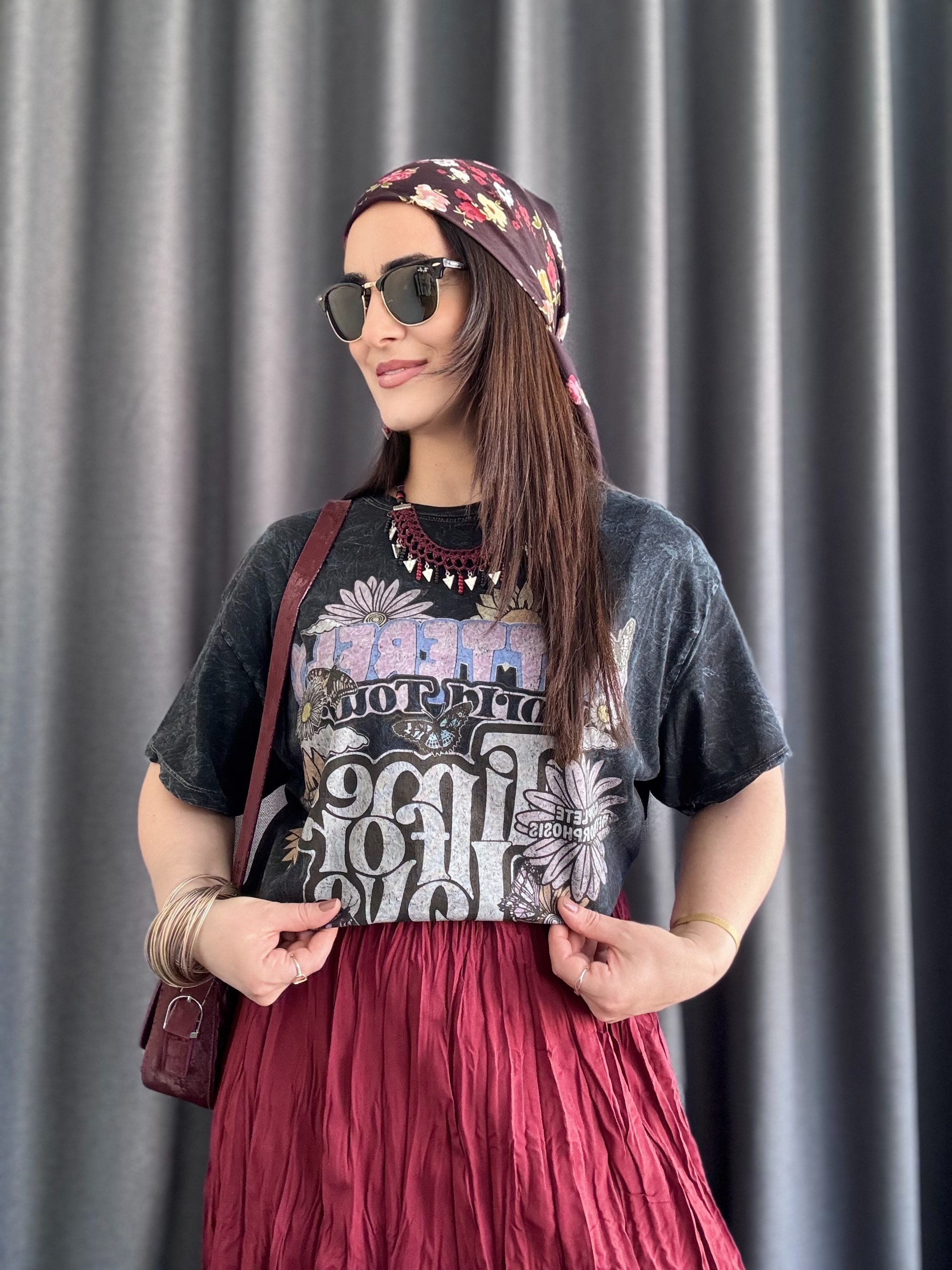 YIKAMALI BASKILI BERSHKA ANTRASİT TSHİRT