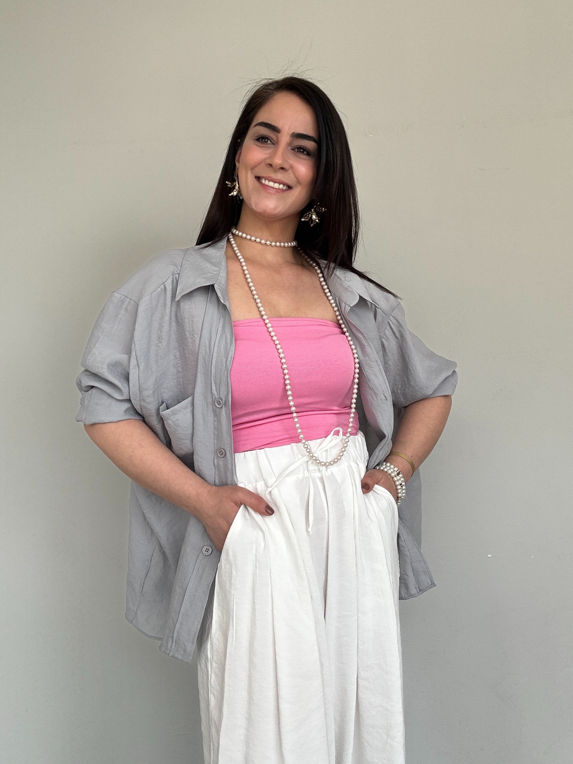TENCEL KUMAŞ OVERSİZE CEPLİ GRİ GÖMLEK