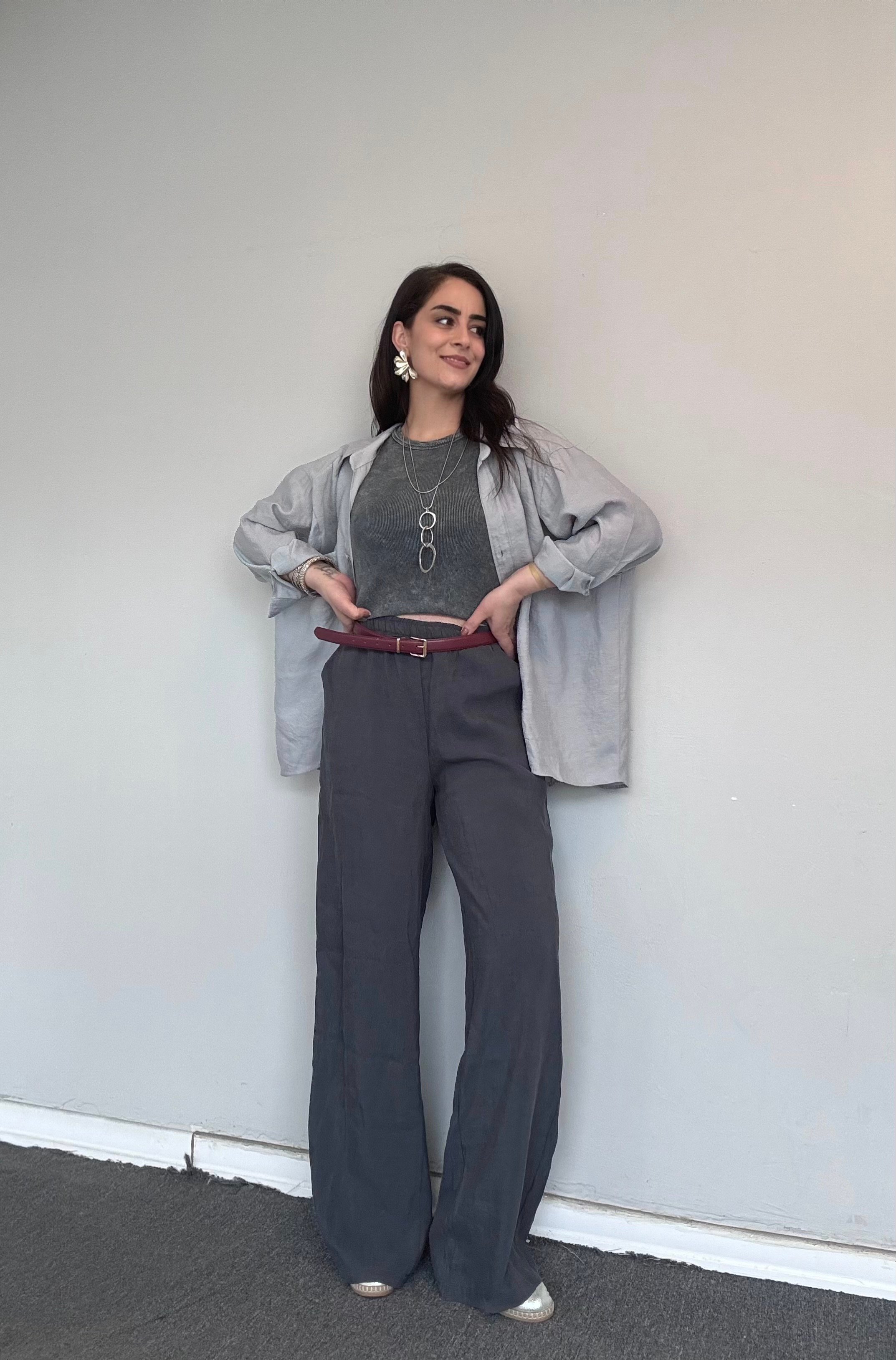 ANTRASİT FÜME BELİ LASTİKLİ VE BAĞCIKLI TENCEL PANTOLON