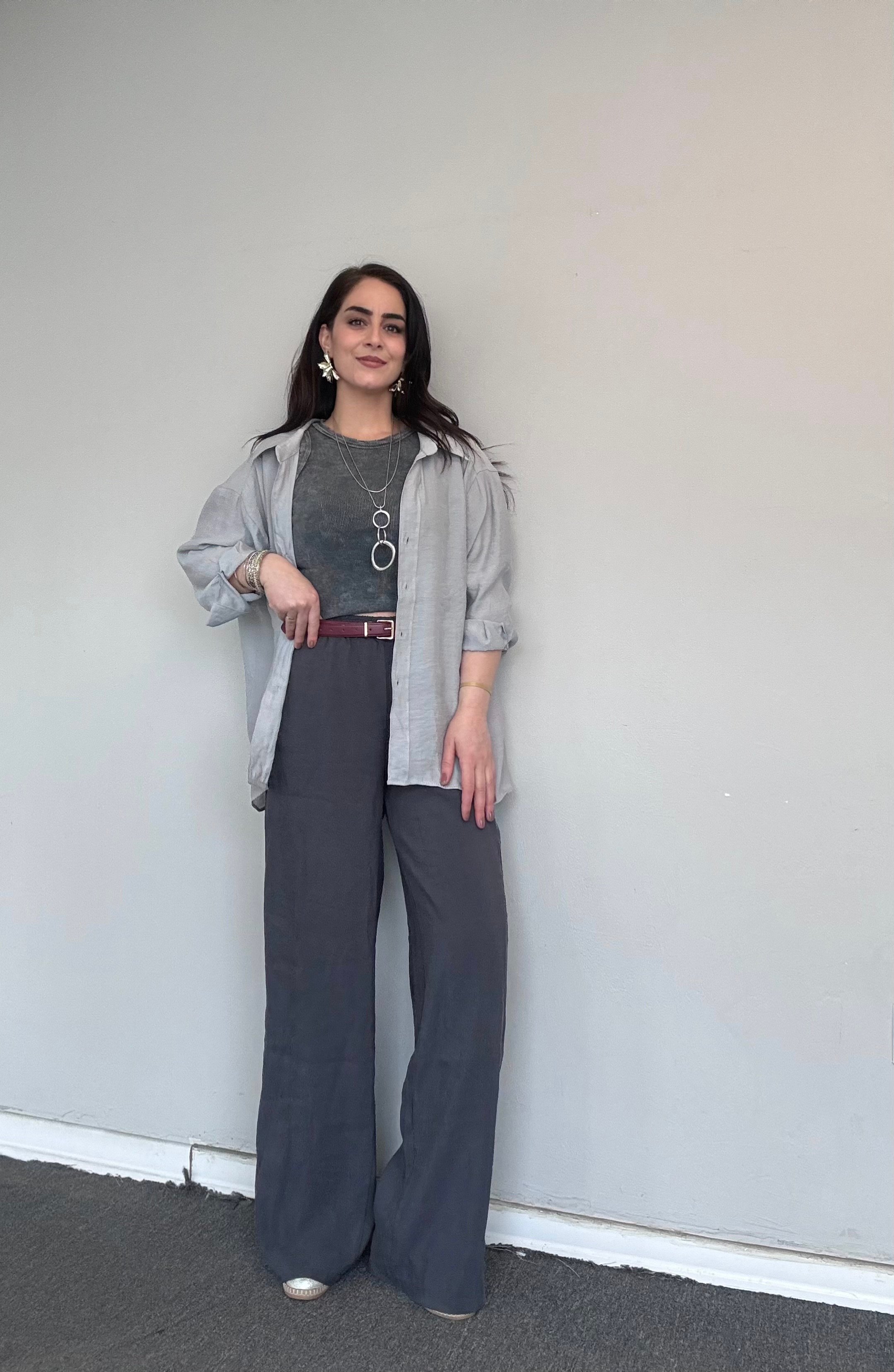 ANTRASİT FÜME BELİ LASTİKLİ VE BAĞCIKLI TENCEL PANTOLON