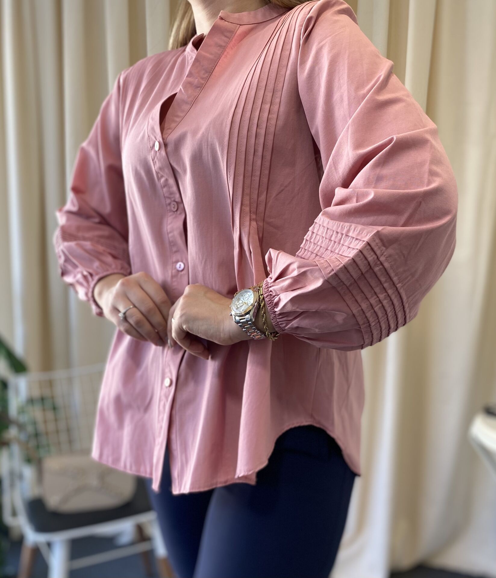 Pembe Kolları Lastikli Poplin Gömlek