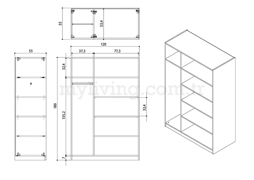 3 kapaklı elbise dolabı 180x120x55cm 03102501