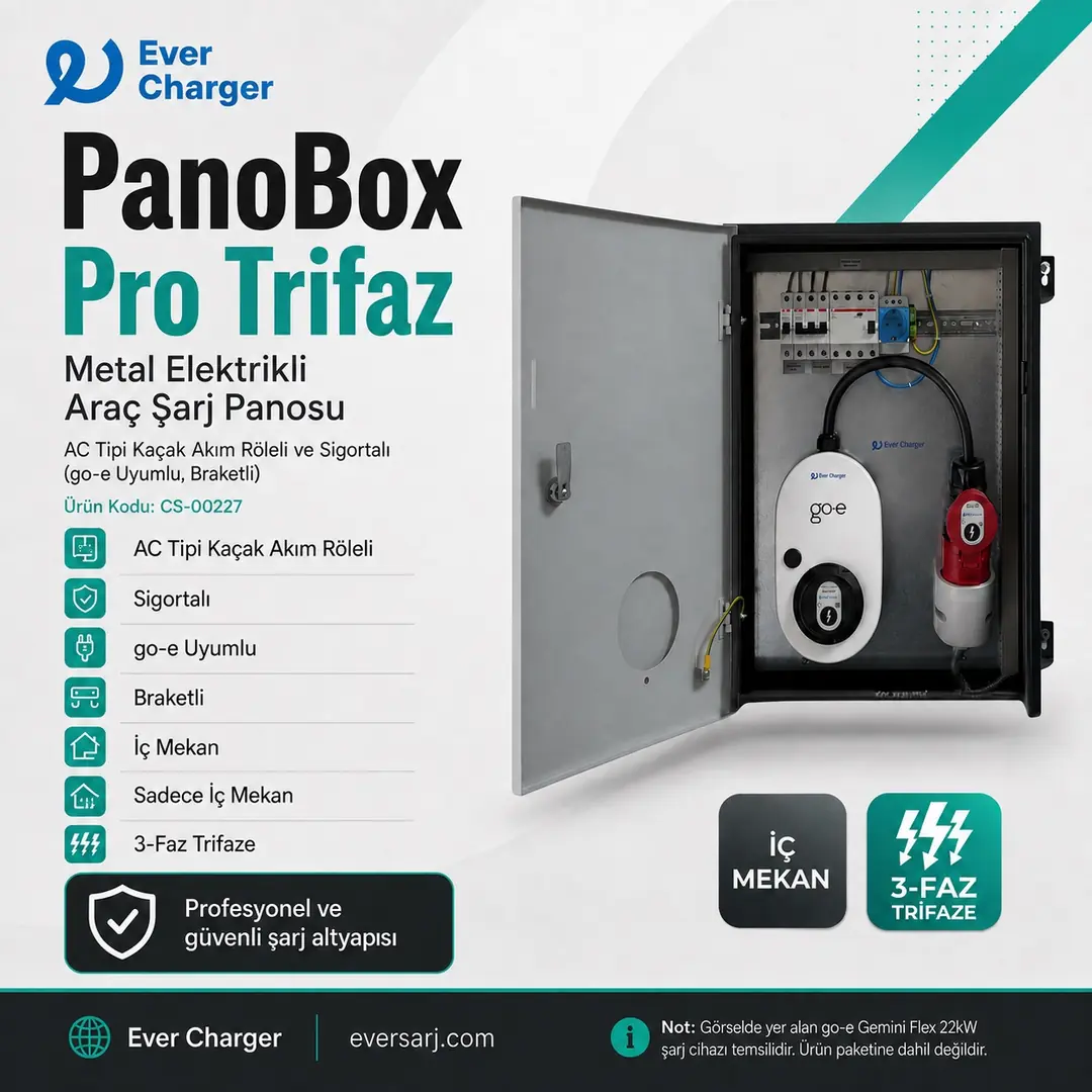 Ever Charger PanoBox Pro Trifaz İç Mekan Metal Elektrikli Araç Şarj Panosu AC Tipi Kaçak Akım Röleli ve Sigortalı (go-e Uyumlu, Braketli, Işıklı)
