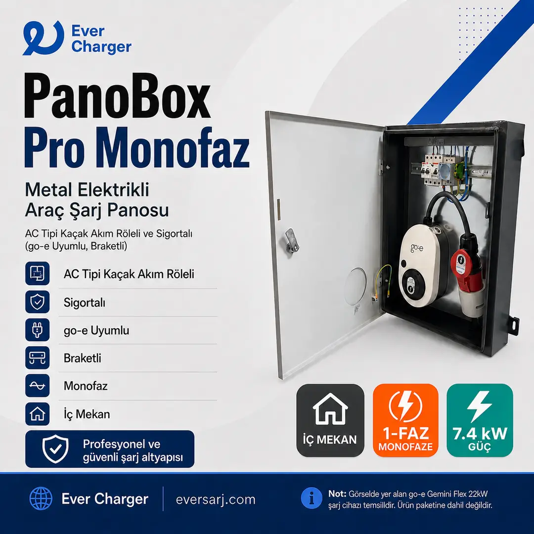 Ever Charger PanoBox Pro Monofaz İç Mekan Metal Elektrikli Araç Şarj Panosu AC Tipi Kaçak Akım Röleli ve Sigortalı (go-e Uyumlu, Braketli, Işıklı)
