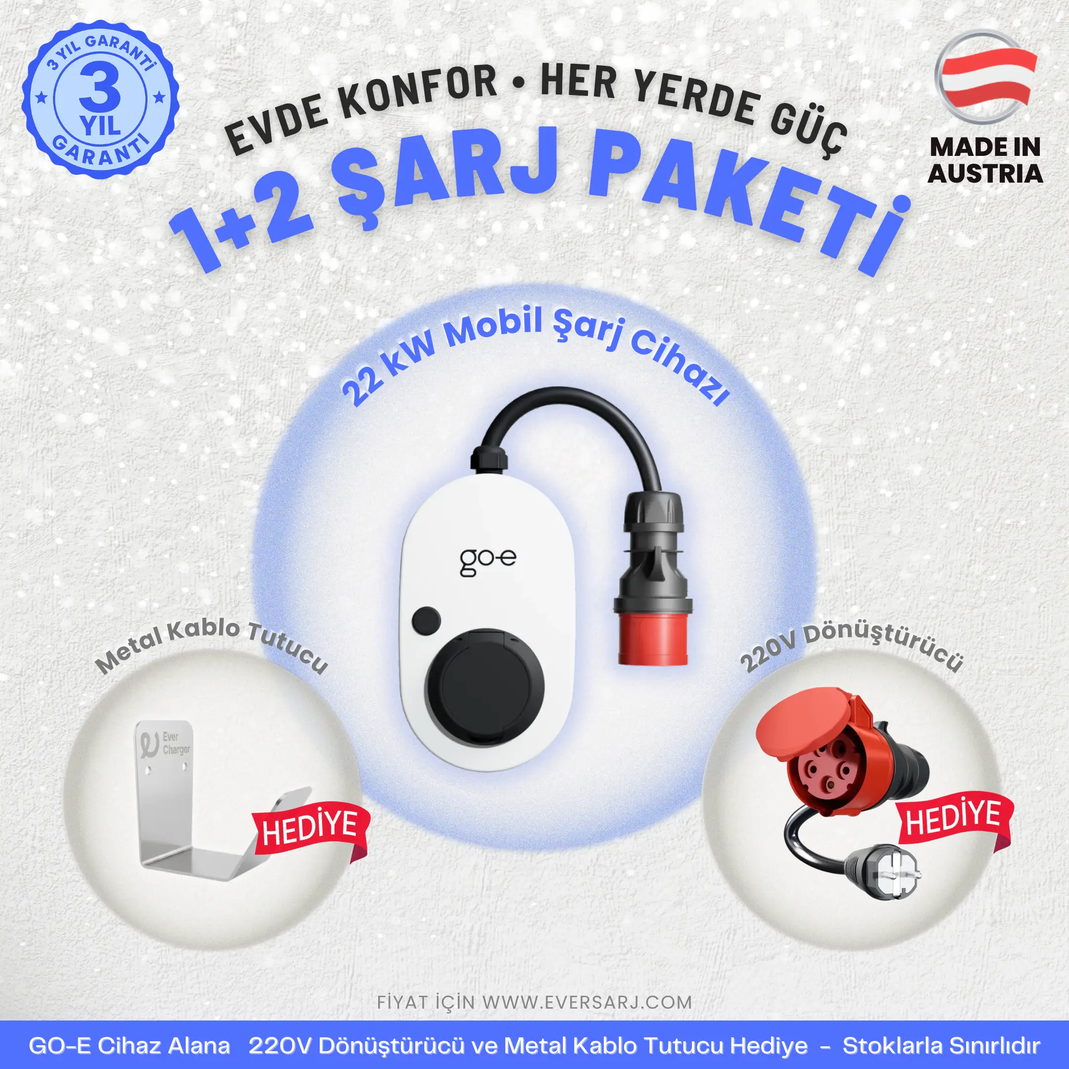 1+2 Şarj Paketi! GO-E Gemini Flex Alana 220V Dönüştürücü + Kablo