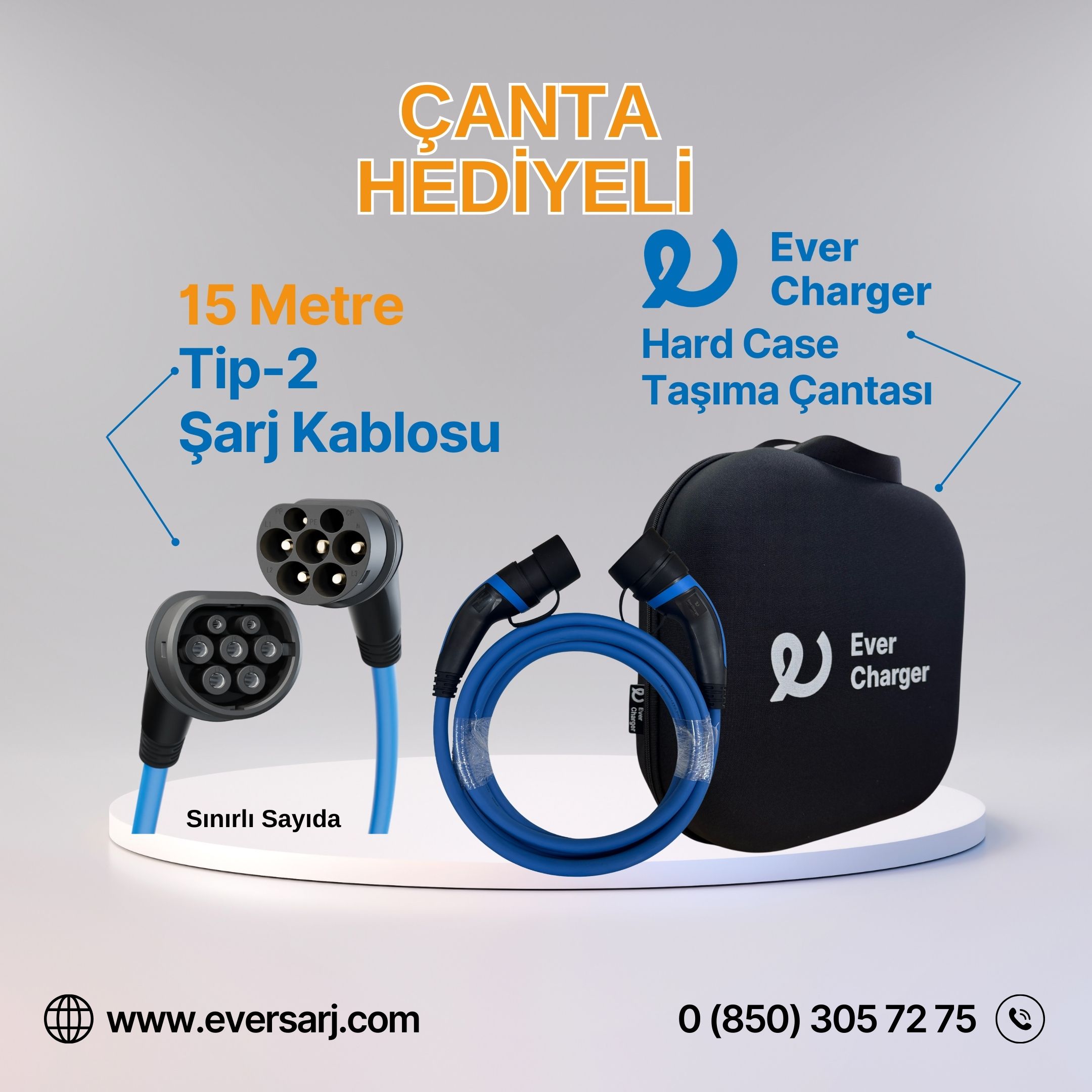 15 Metre Tip 2 Kablo alana Hard Case Çanta Hediye