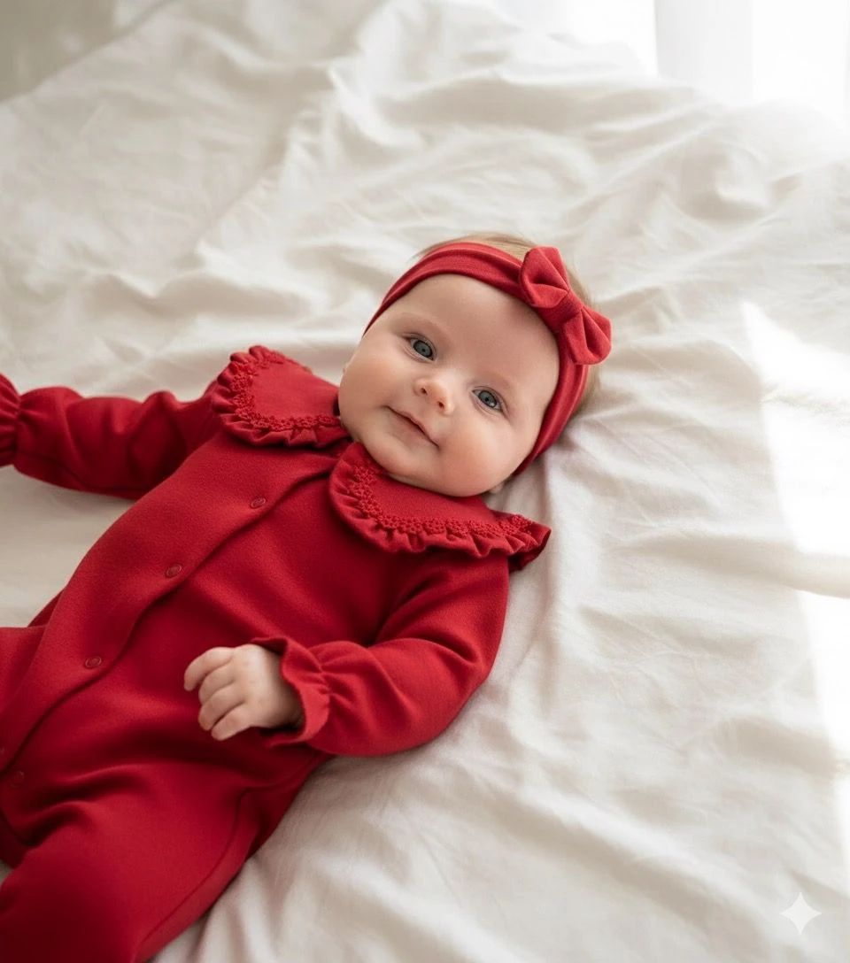 %100 Pamuk Red Love Bandanalı Yaka Çiçek Nakış Detaylı Tulum