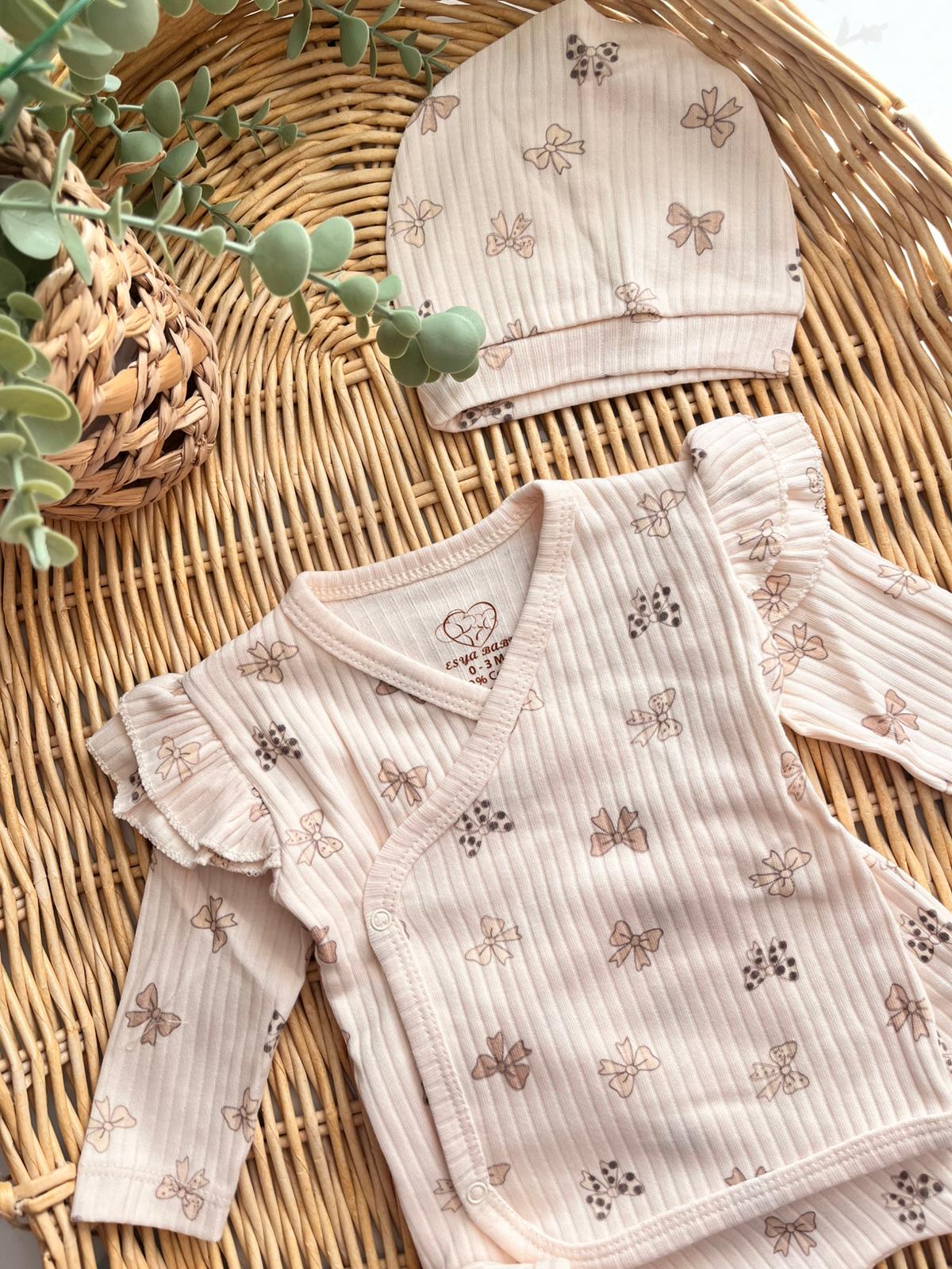 %100 Pamuk Kurdele Desen Omuz Detaylı 5'li Yenidoğan Set Kahve