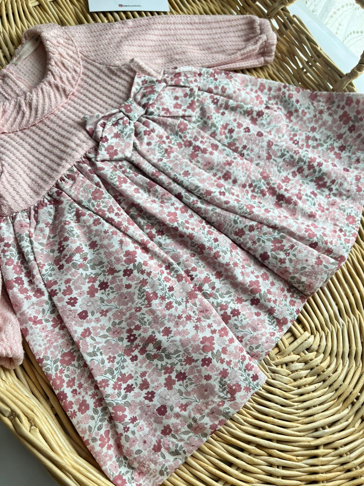 Rose Çıtır Çiçekli Fiyonk Detay Elbise Pembe
