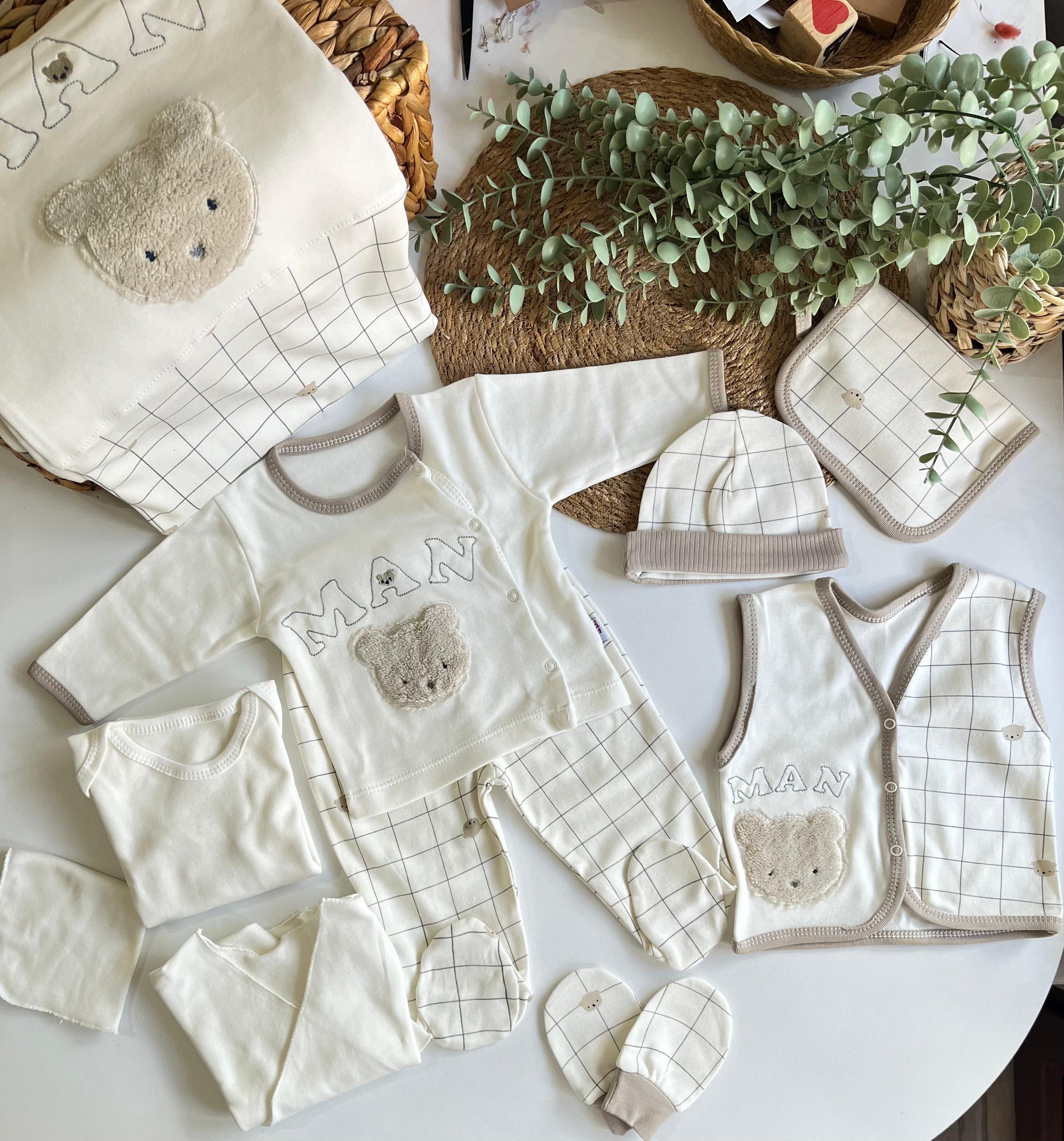 Erkek Bebek %100 Pamuk Ayıcık Nakış Man Yazılı Yenidoğan Set