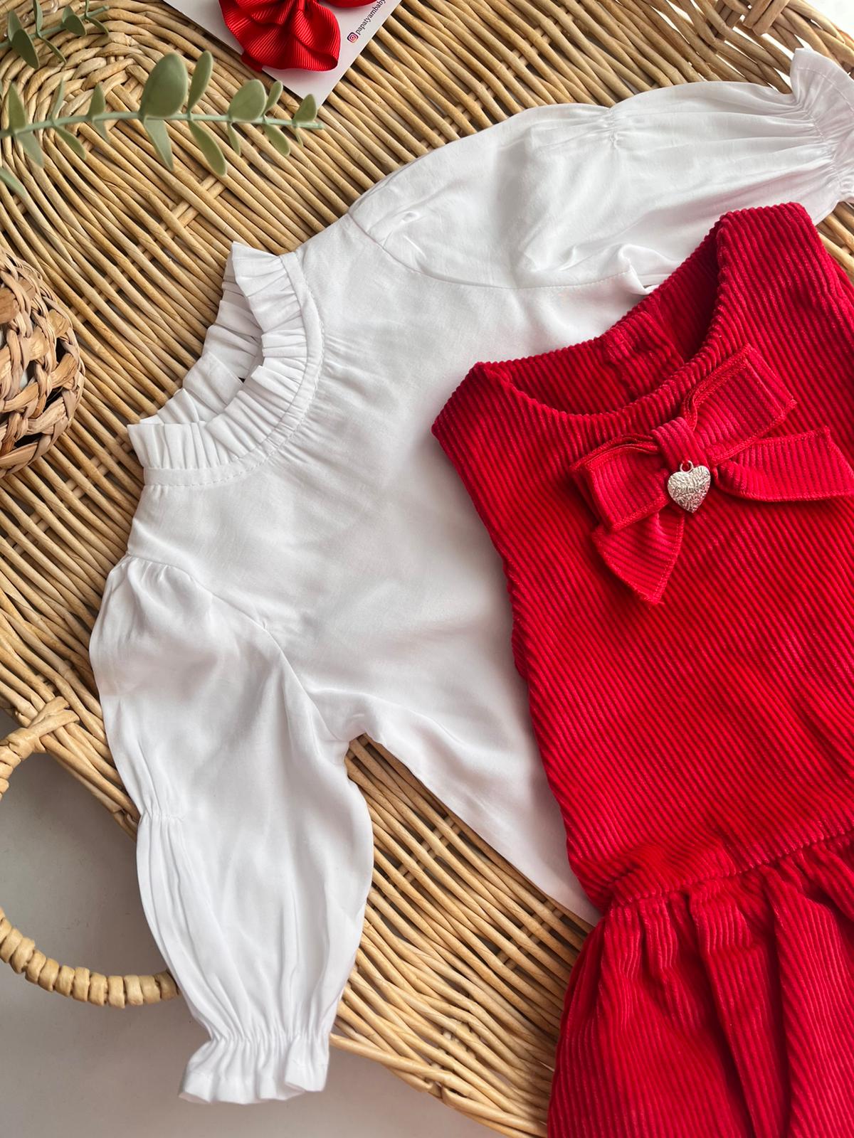 İlenia Kadife Balon etek Elbise Gömlek 2'li Kırmızı