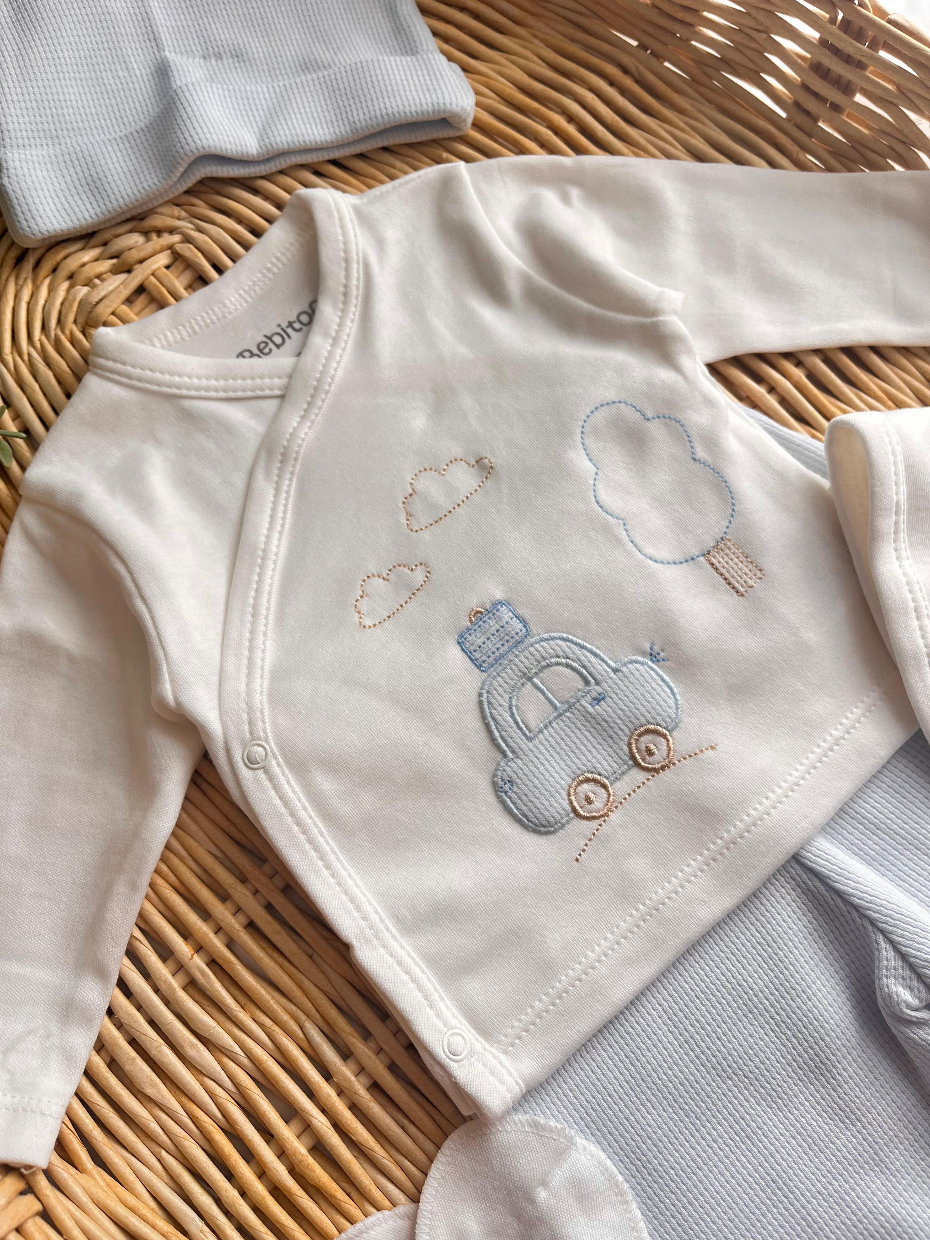 %100 Pamuk Erkek Bebek Araba Nakışlı 5'li Yenidoğan Set Buz Mavi