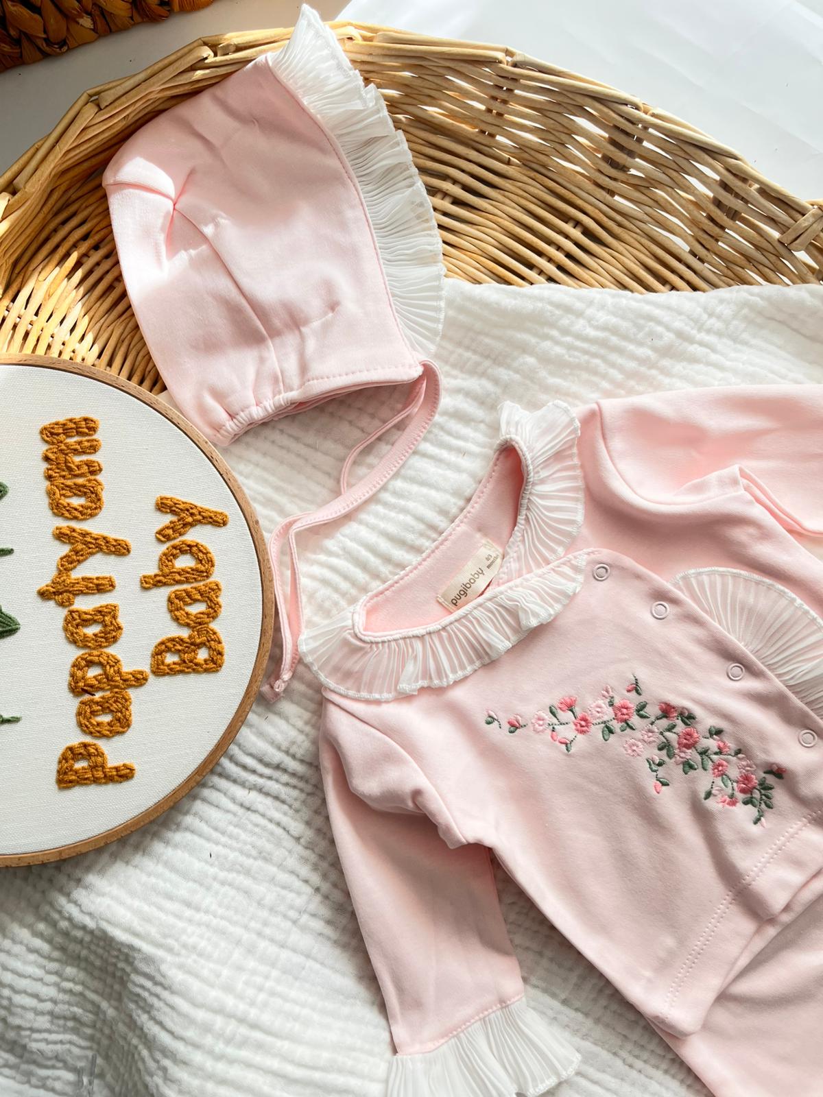 Perla %100 Pamuk premium Çiçek Nakış 5'li Yenidoğan set Pembe