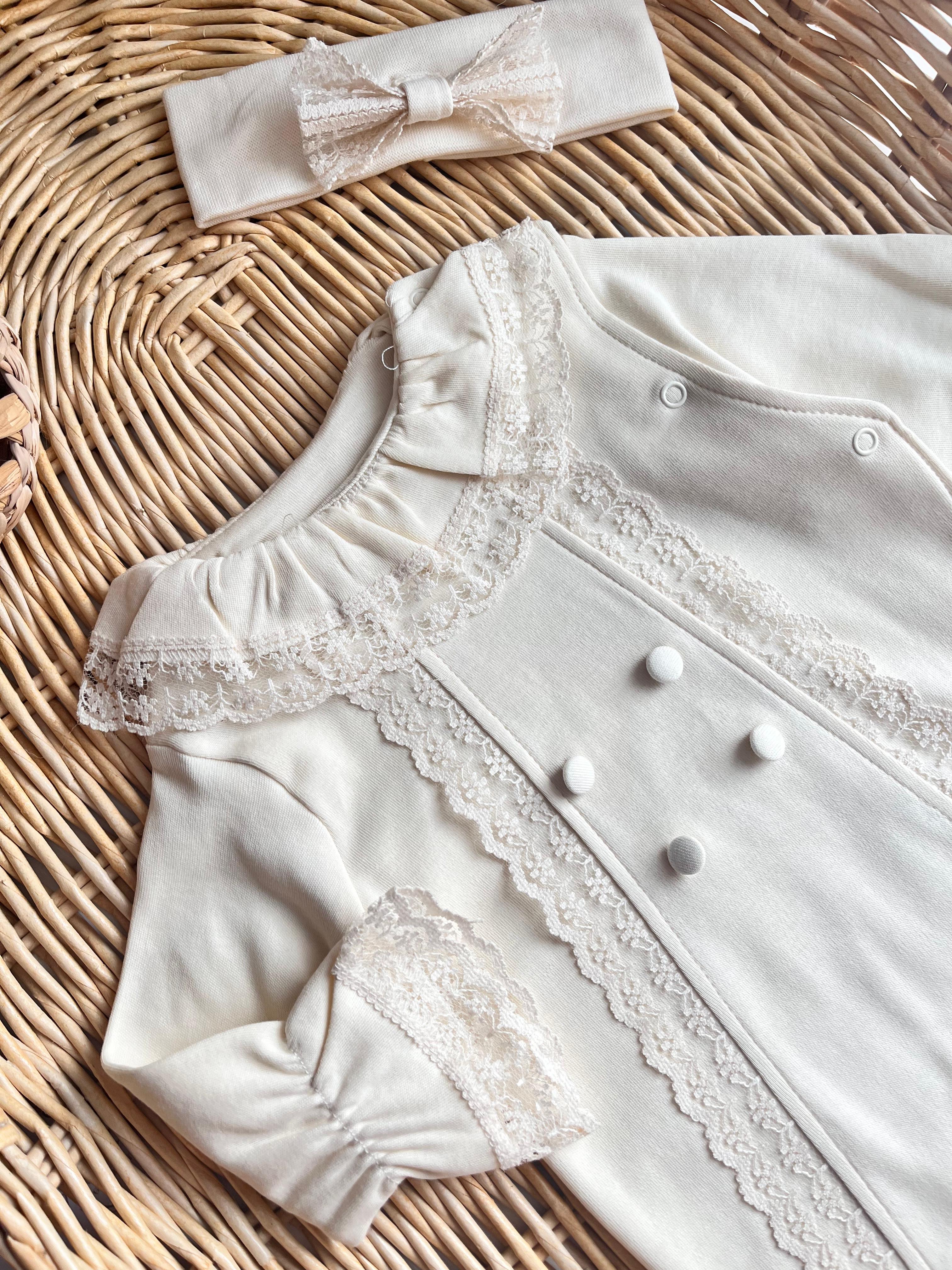 Misy Dantel Detay Güpürlü Patikli Bandanalı Tulum Krem