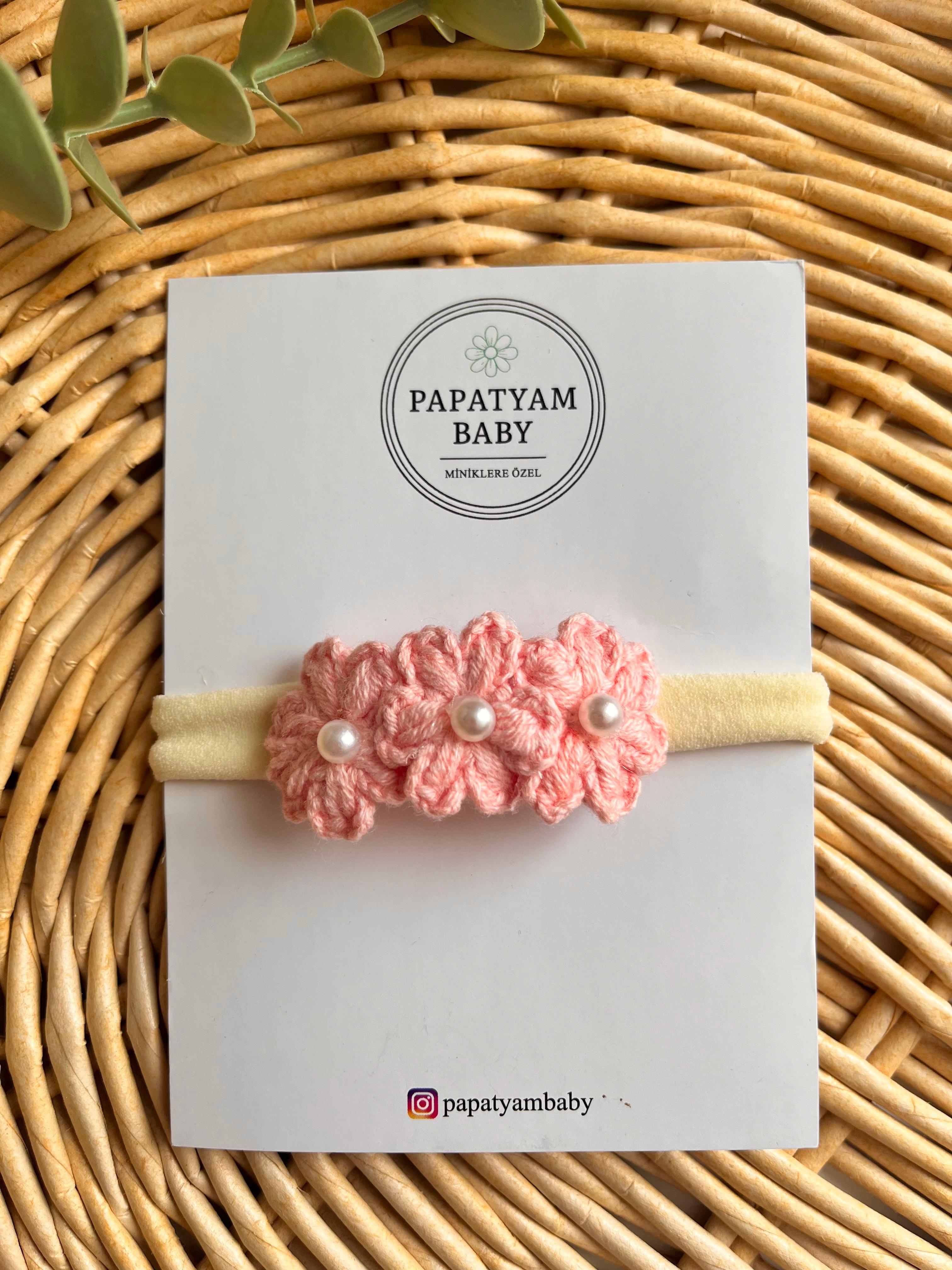 İncili Üçlü Örgü Bandana  Yavruağzı