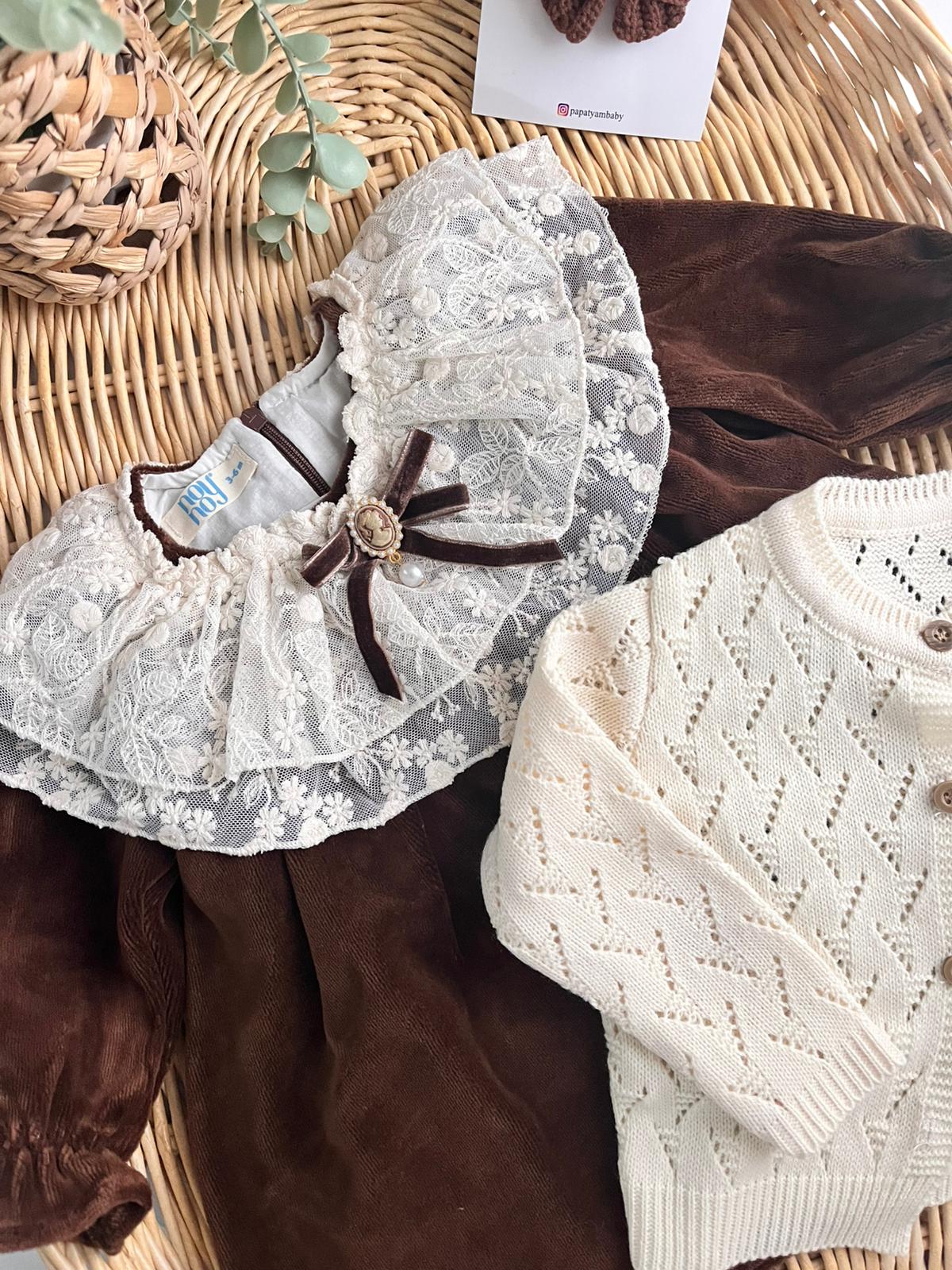 Kadife Premium Elbise Çorap Triko Hırka 3'lü Özel Kutulu Set Kahve