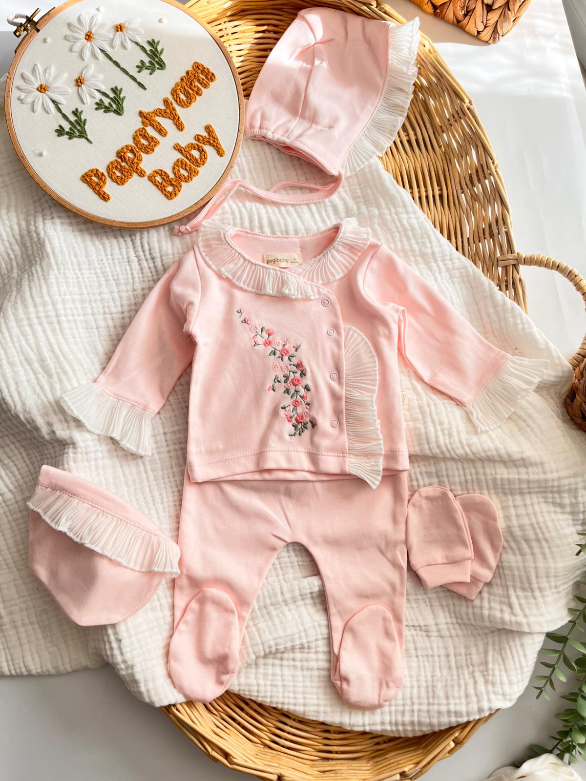 Perla %100 Pamuk premium Çiçek Nakış 5'li Yenidoğan set Pembe