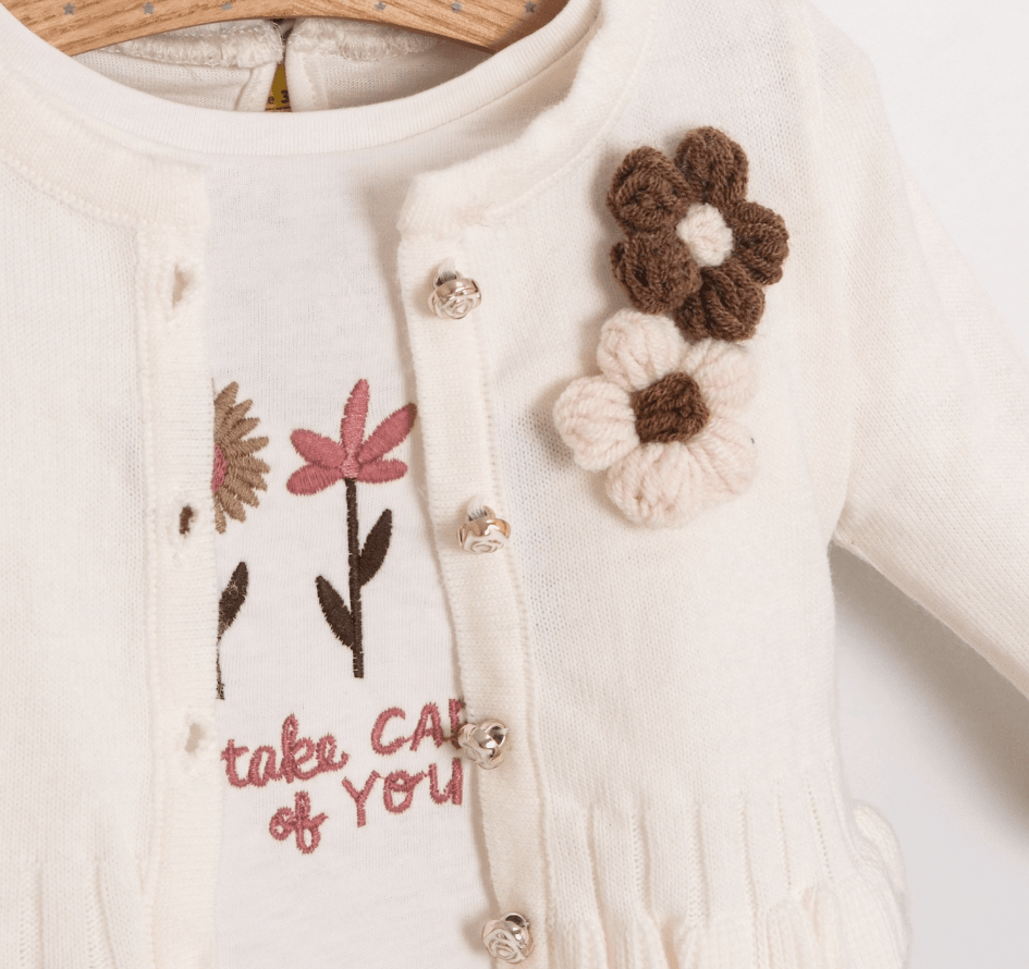 Bloom Örgü Çiçek Detay Hırka Tshirt Etek 3'lü Premium Set