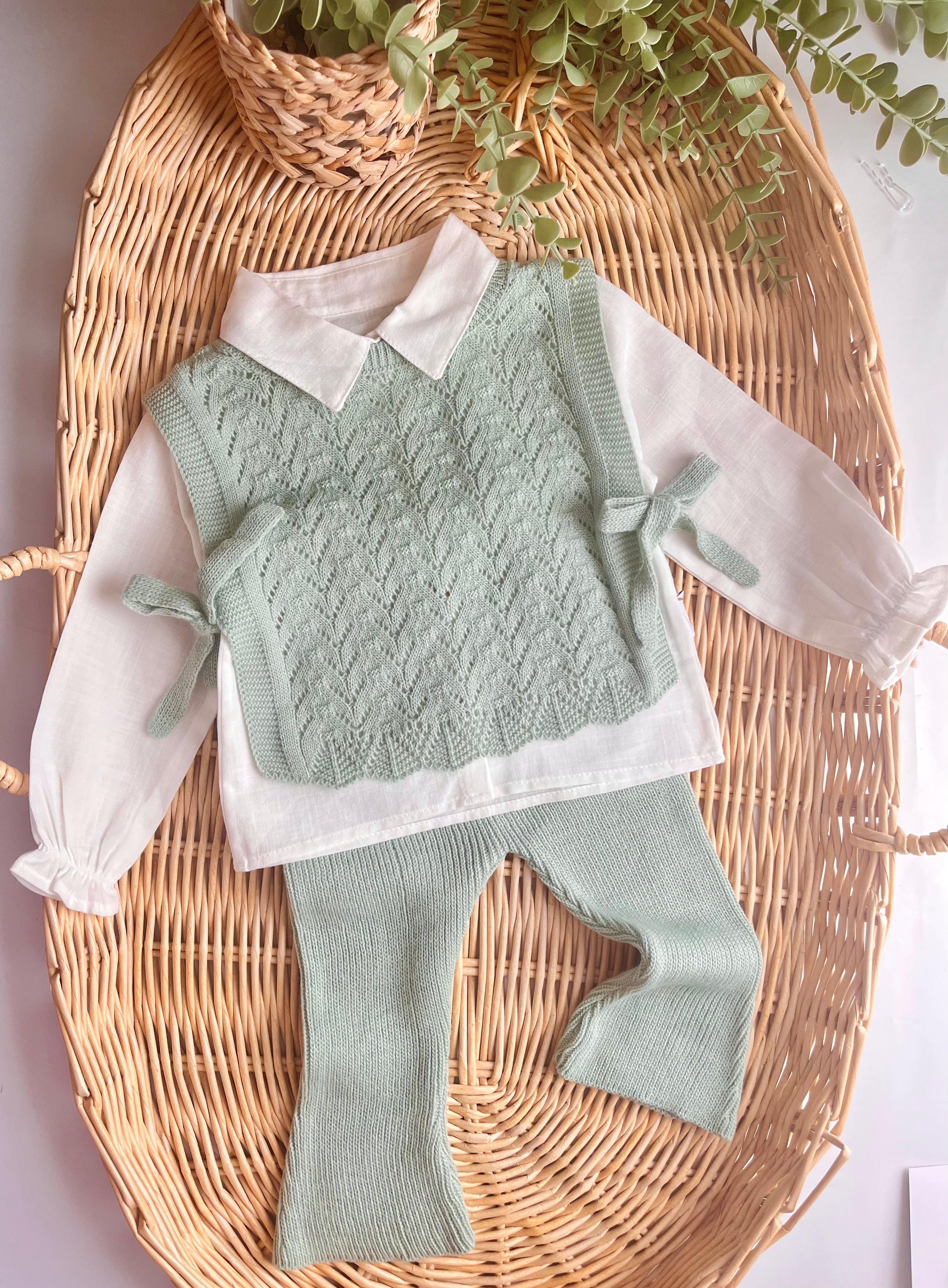 Triko Örme Süveterli Gömlek ve Alt 3'lü Takım Su Yeşili