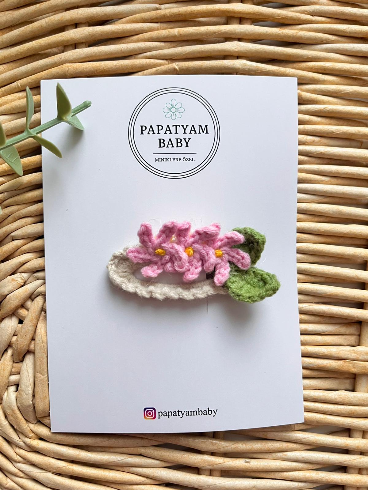 Örgü Çıtçıtlı Pembe Çiçekli Toka