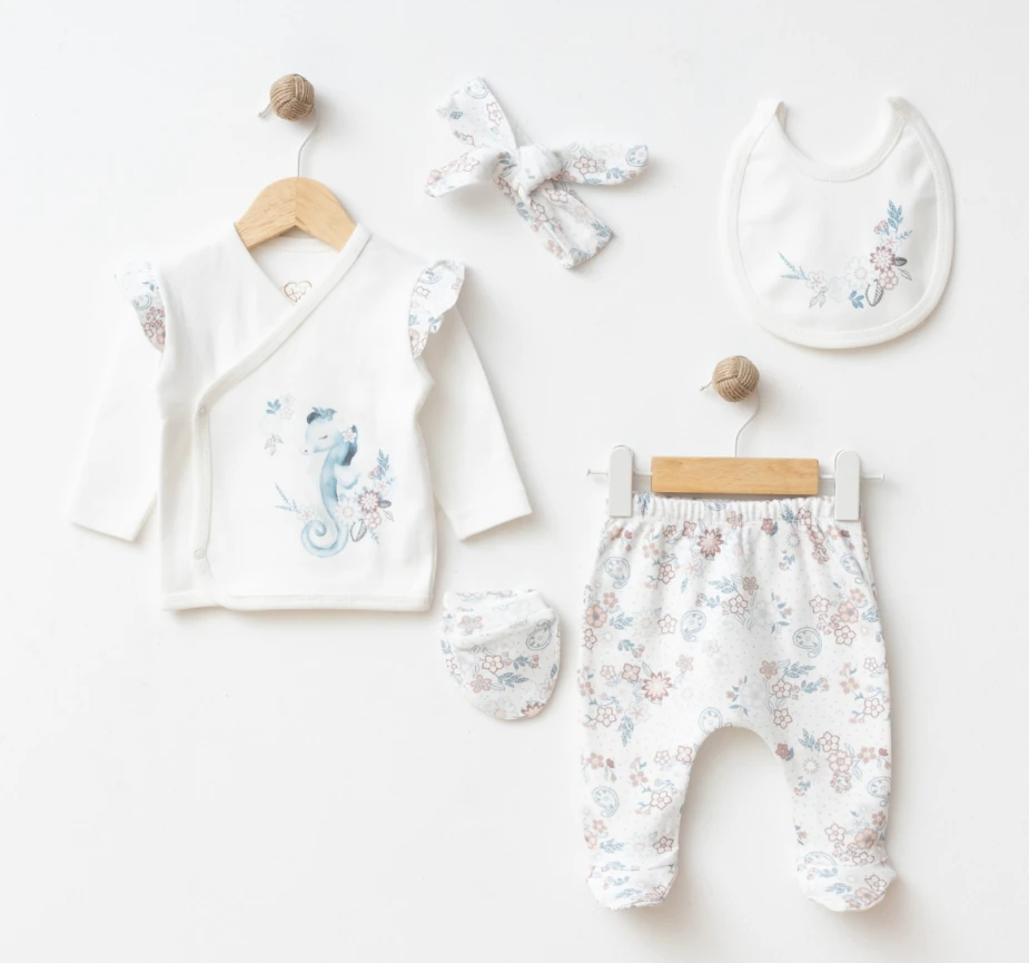 %100 Pamuk Denizatı Renkli Desen Bandanalı 5 Parça Yenidoğan Set