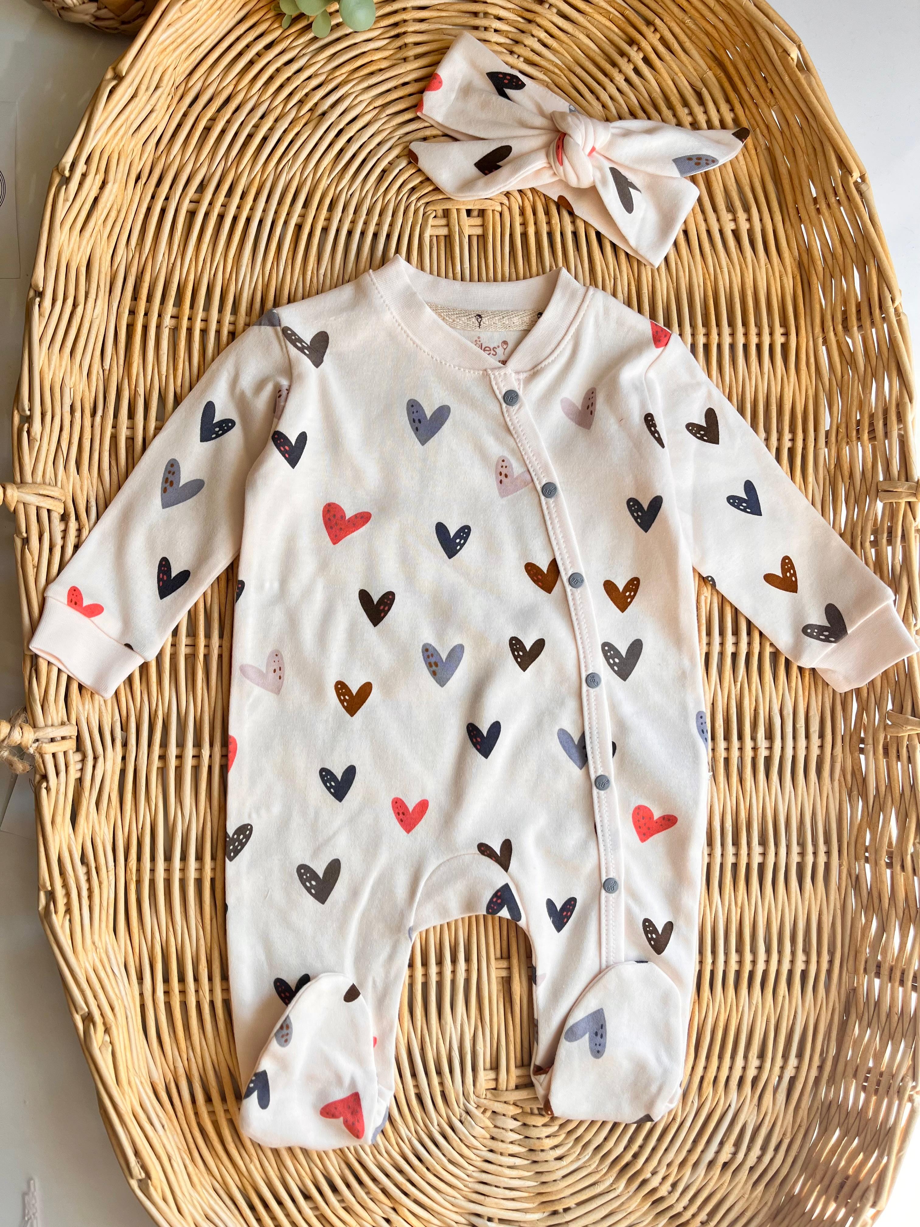 %100 Pamuk Renkli Kalp Bandanalı Tulum