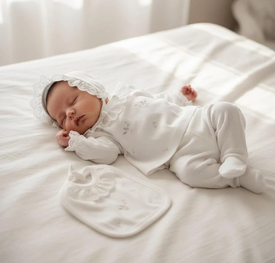 %100 Pamuk Fisto Yakalı Kuş Nakış Detay 5'li Yenidoğan set