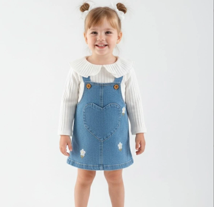 Yaka Detay Bluz ve  Papatya Nakışlı Kalp Detay Jile Kot Elbise