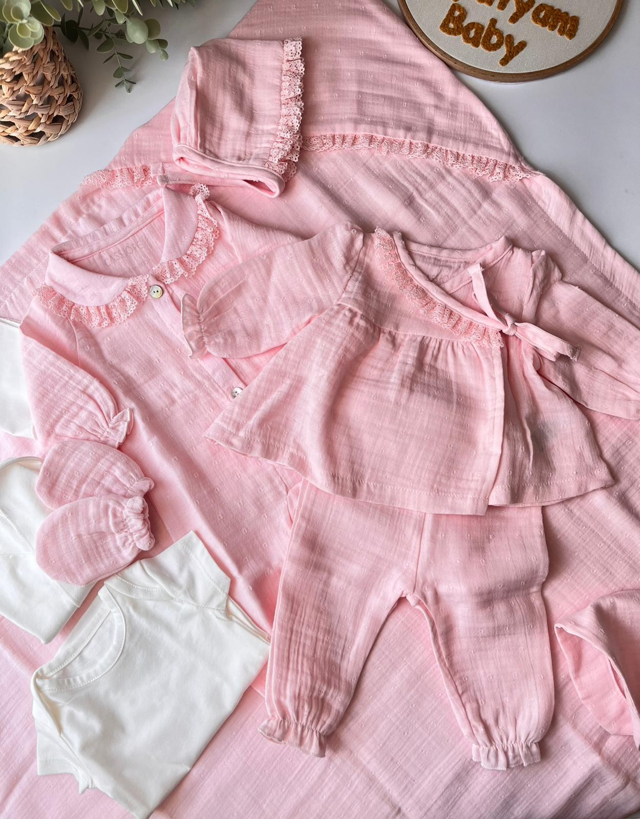 %100 Pamuk Premium Müslin 10 Parça Yenidoğan Set Pembe
