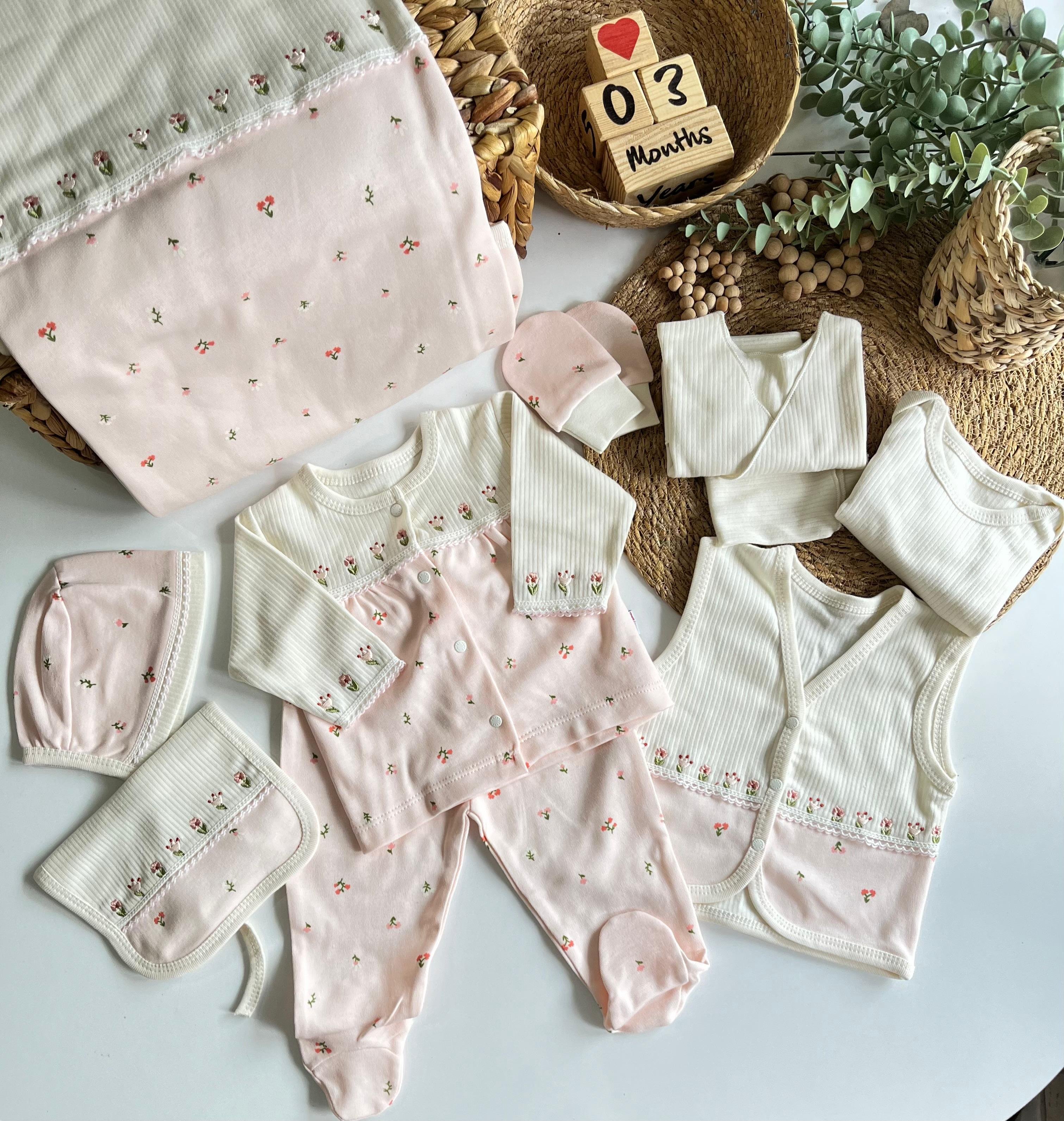%100 Pamuk Lady Çiçek Nakış 10 Parça Yenidoğan Set