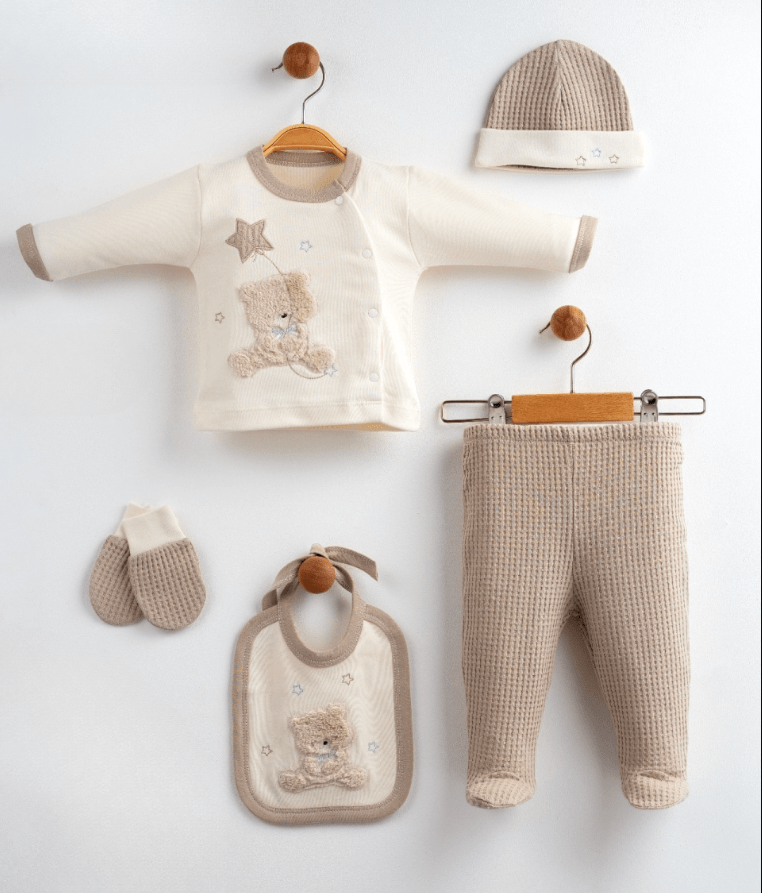 Erkek Bebek %100 Pamuk Ayıcık Yıldız Nakış 5'li Yenidoğan Set Kahve