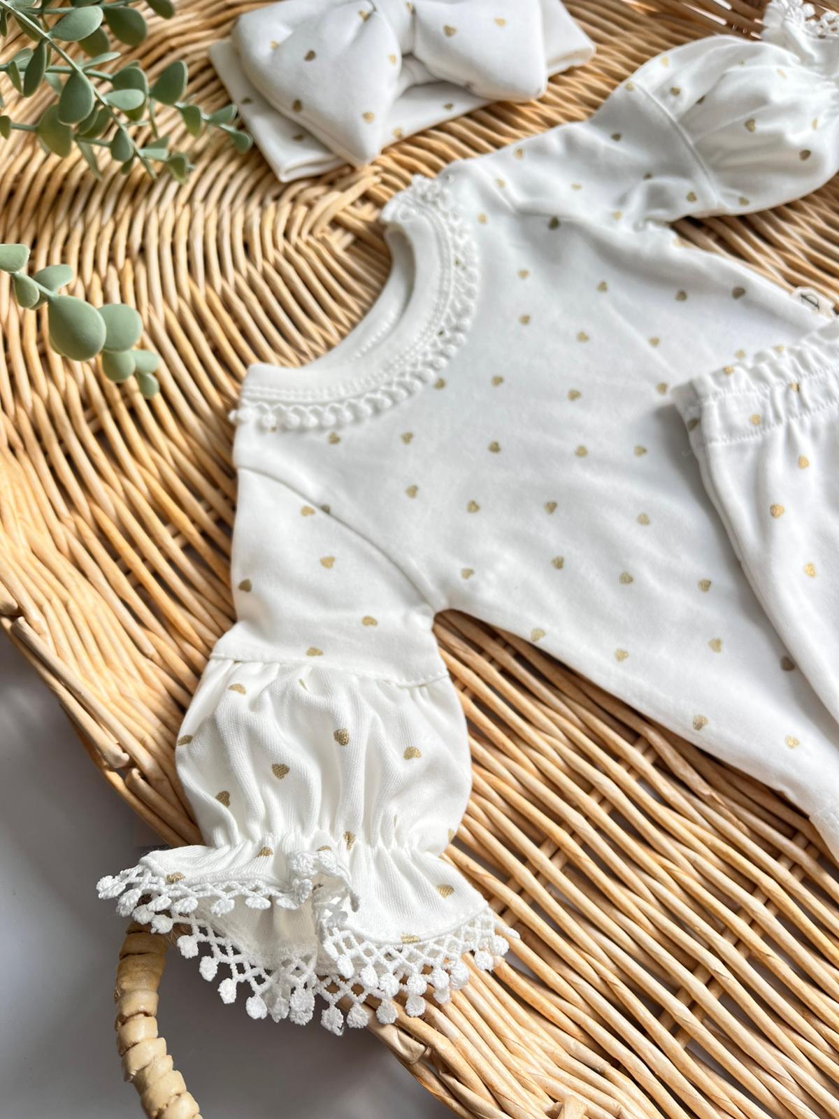 %100 Pamuk Gold Kalpli Bandanalı Balon Kol Body ve Alt 3'lü Takım