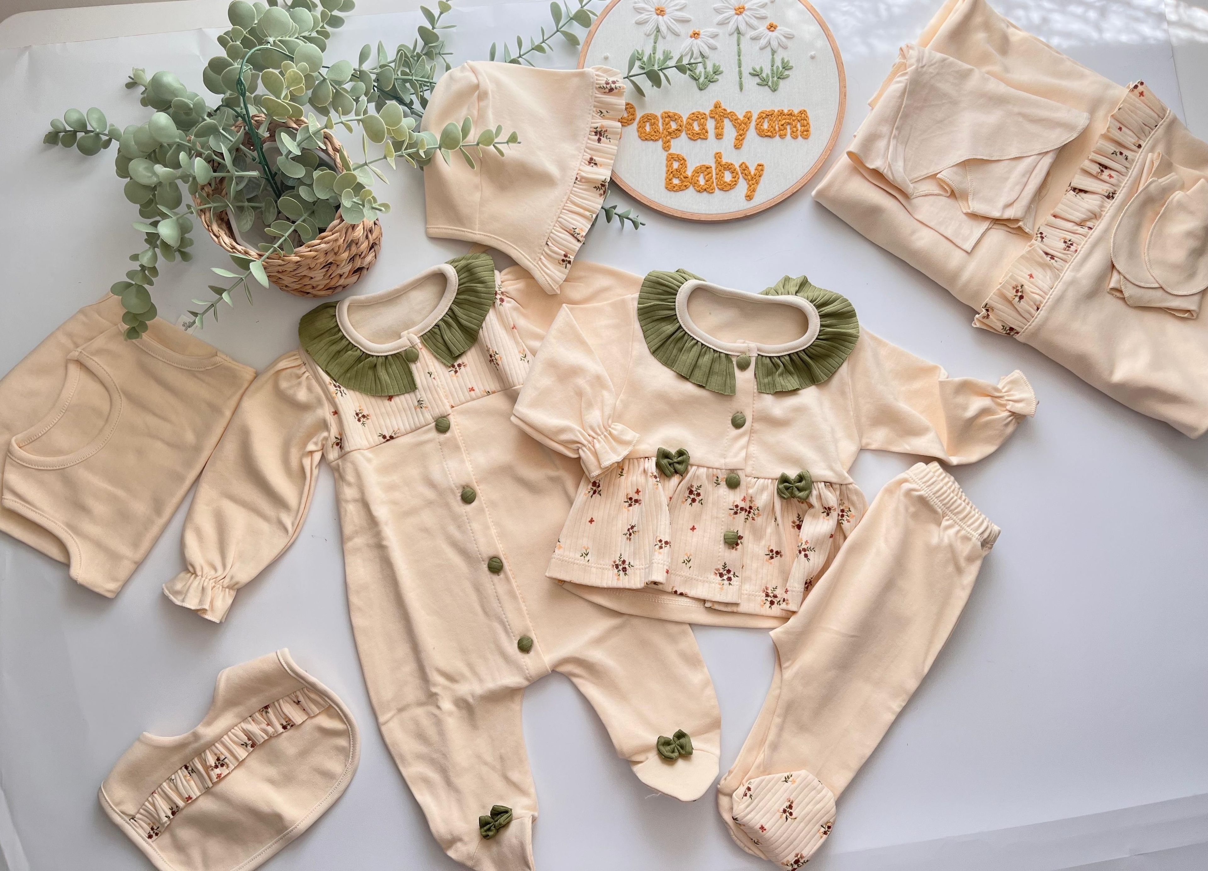Miny %100 Pamuk Çiçek Desen 10 Parça Yenidoğan Set Yeşil