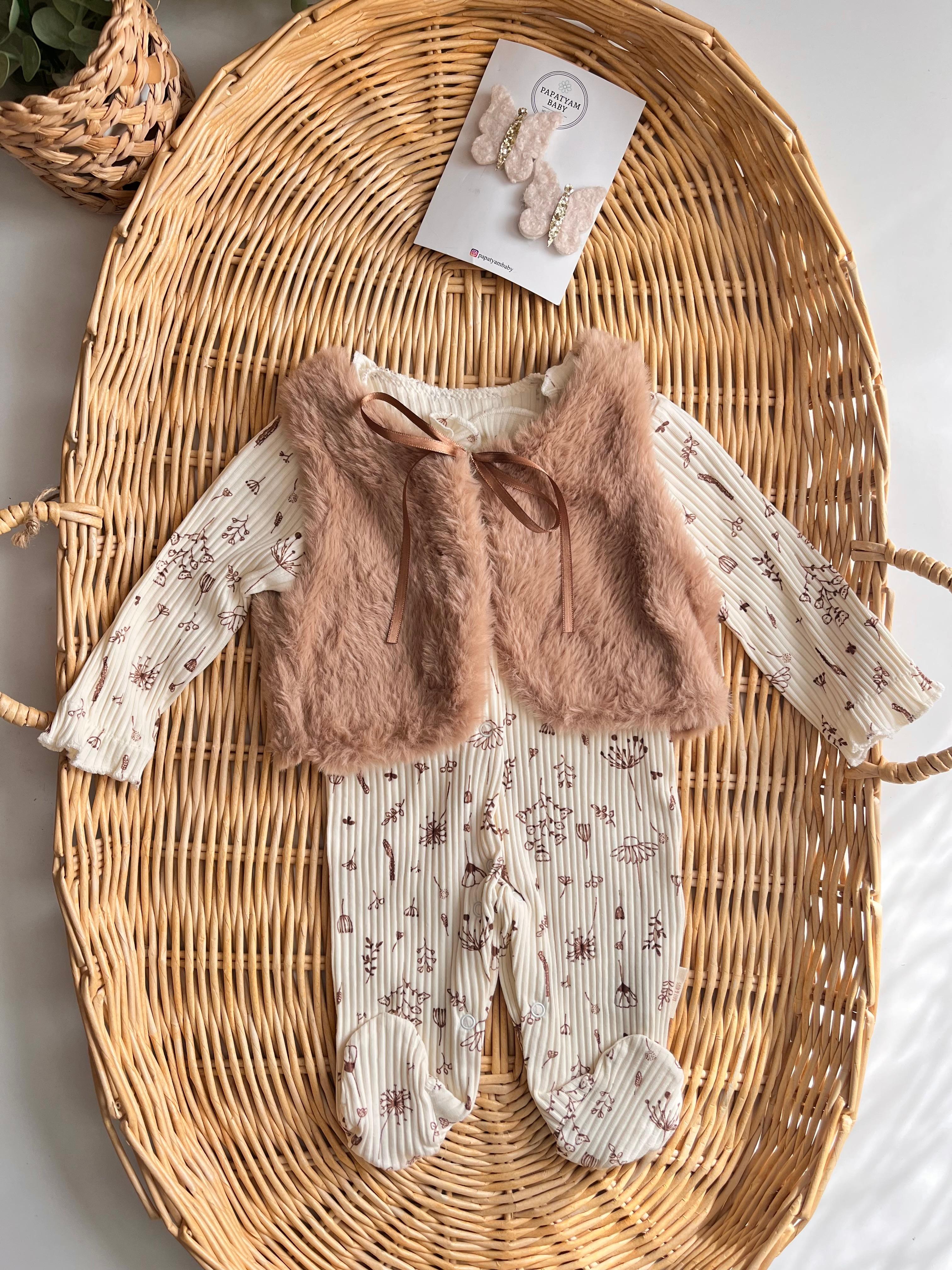 Peluş Yelekli Karahindiba Çiçeği Desenli 2'li Tulum Kahve