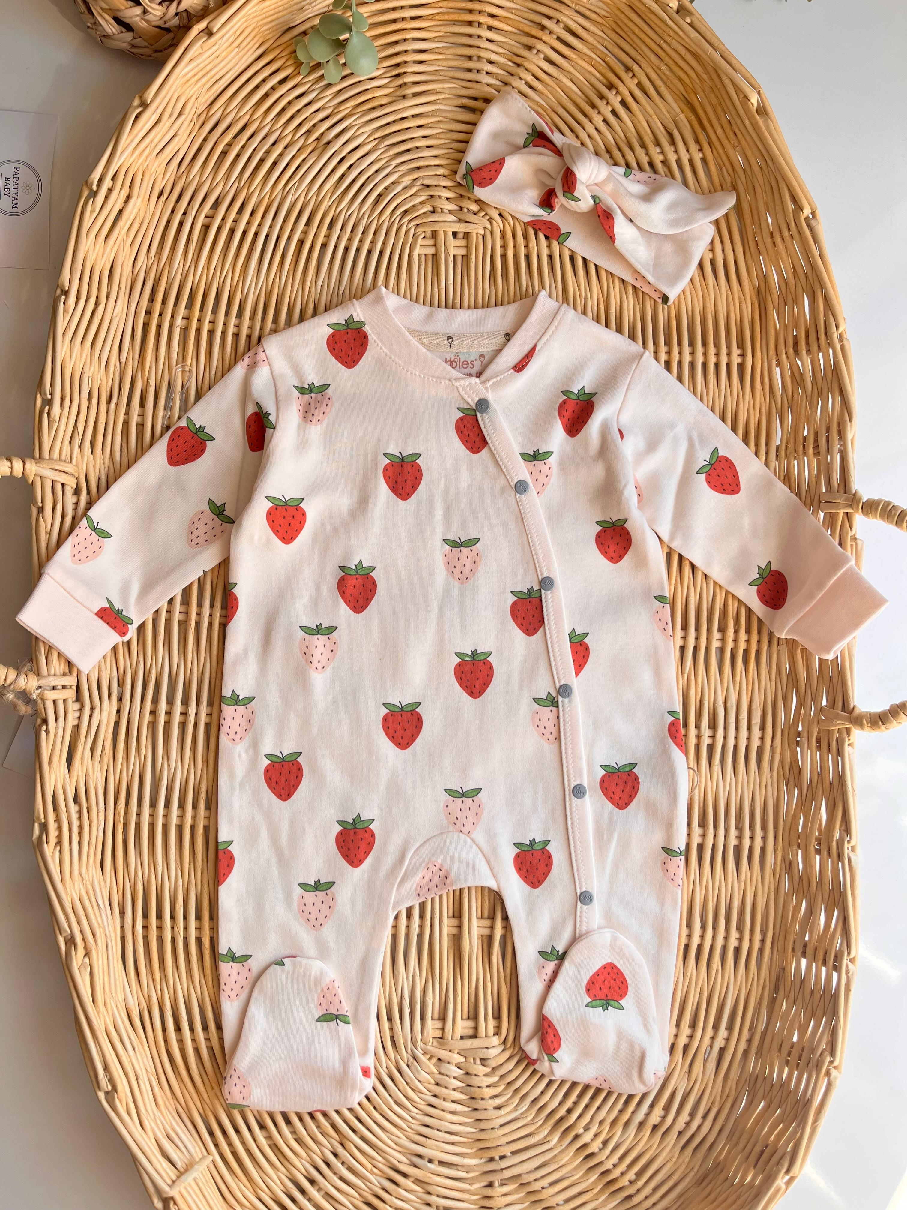 %100 Pamuk Bandanalı Çilek Desen Tulum