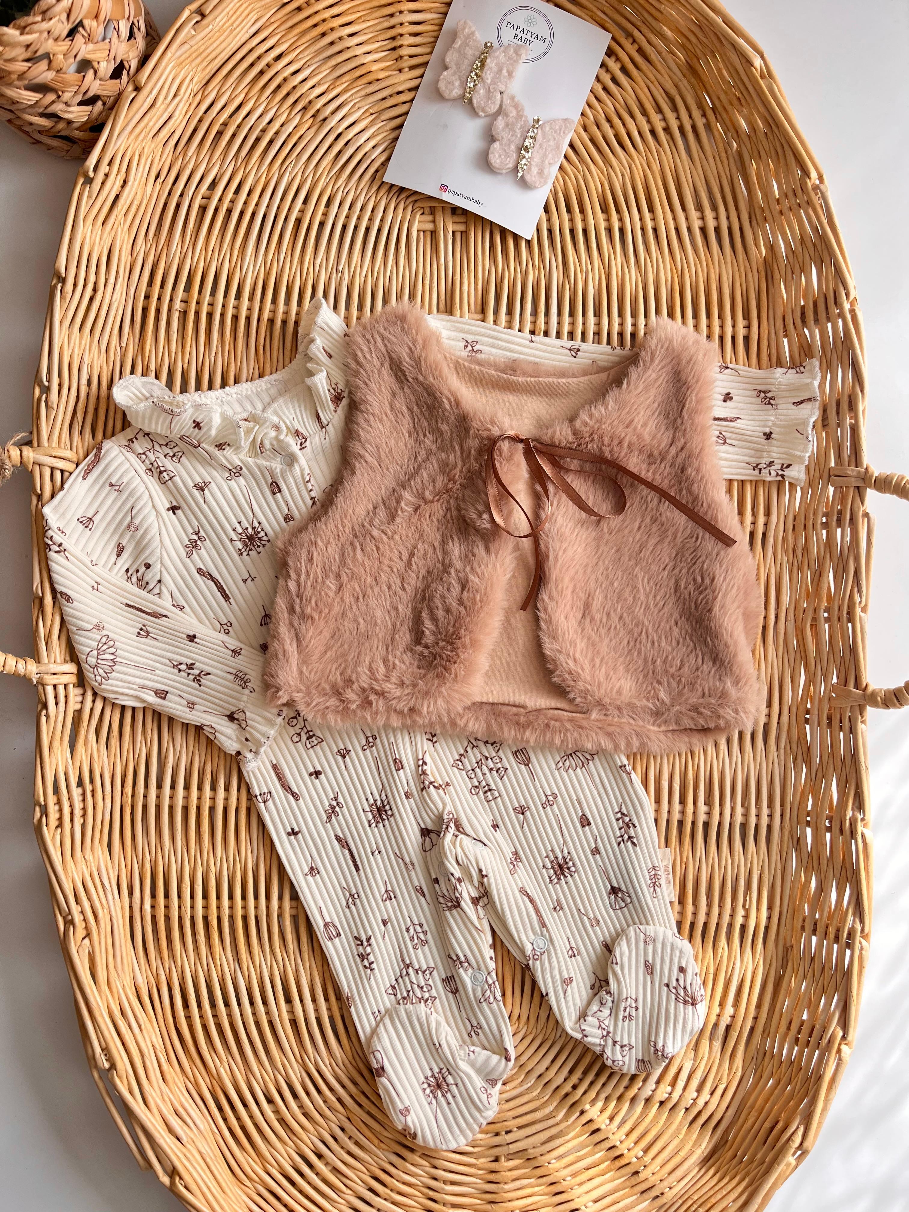 Peluş Yelekli Karahindiba Çiçeği Desenli 2'li Tulum Kahve