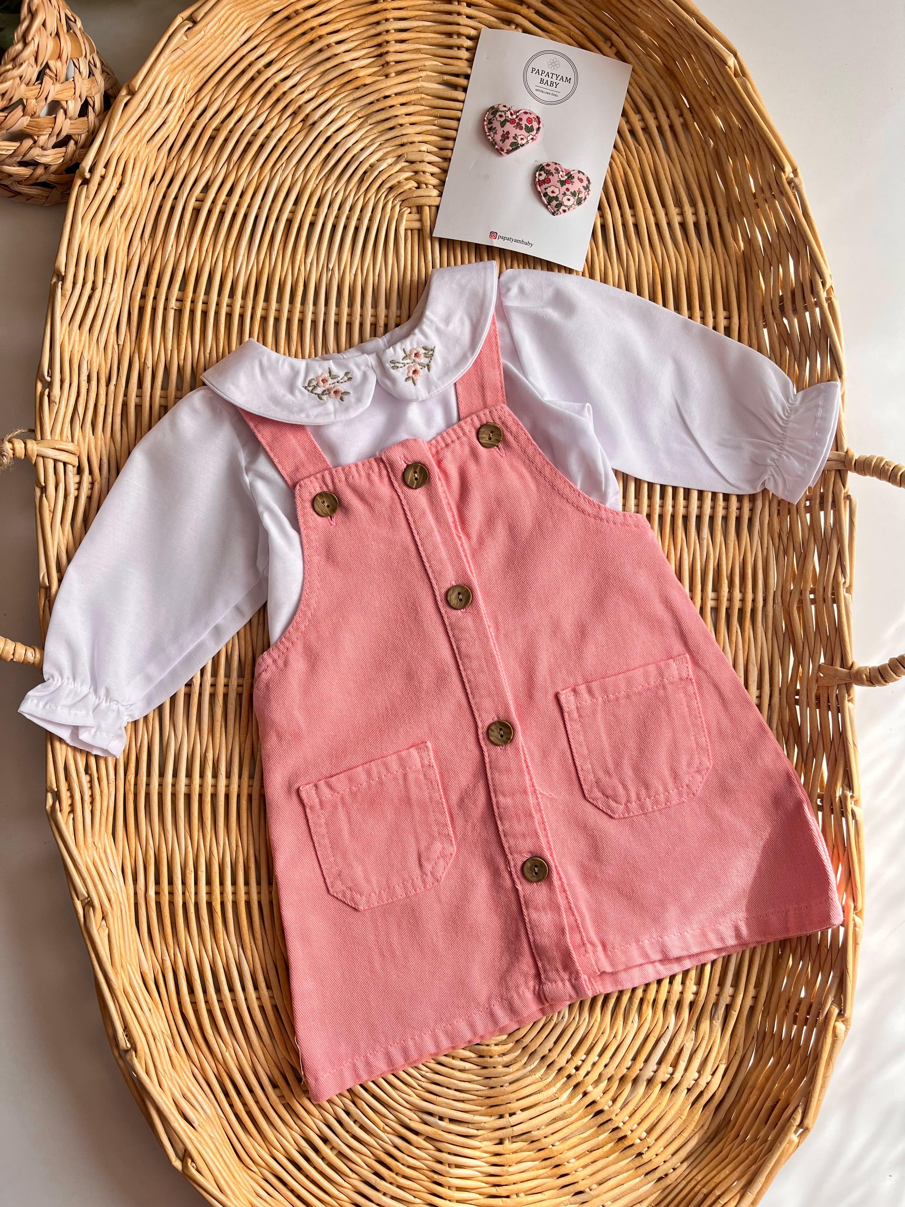 Çiçek Nakış Yaka Bluz ve Düğmeli Pembe Kot Jile Elbise 2'li 