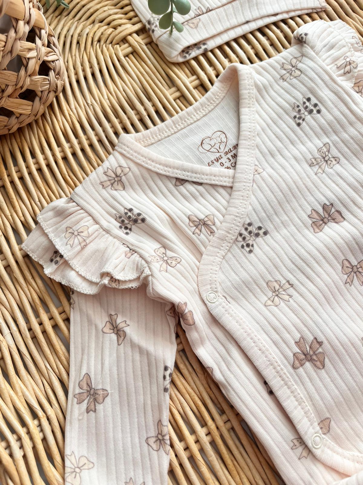 %100 Pamuk Kurdele Desen Omuz Detaylı 5'li Yenidoğan Set Kahve