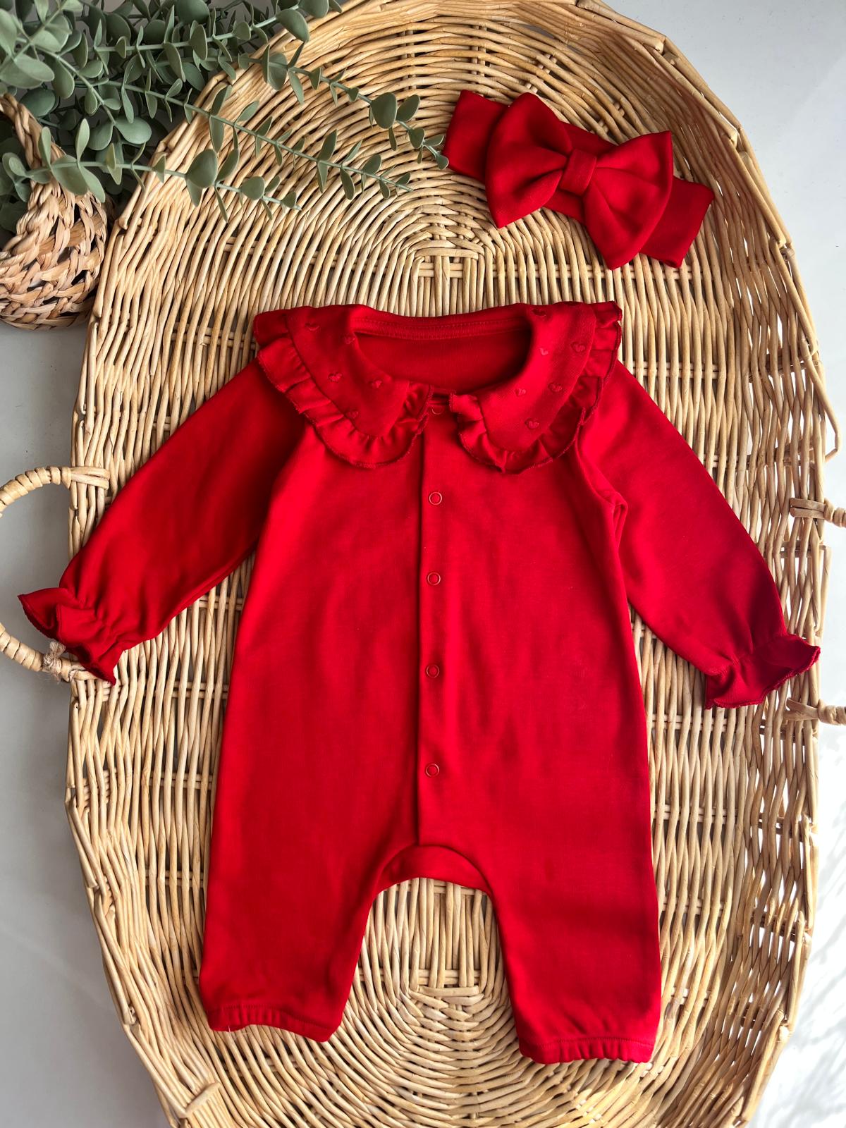 %100 Pamuk Kalp Nakış yakalı Bandanalı Tulum Kırmızı