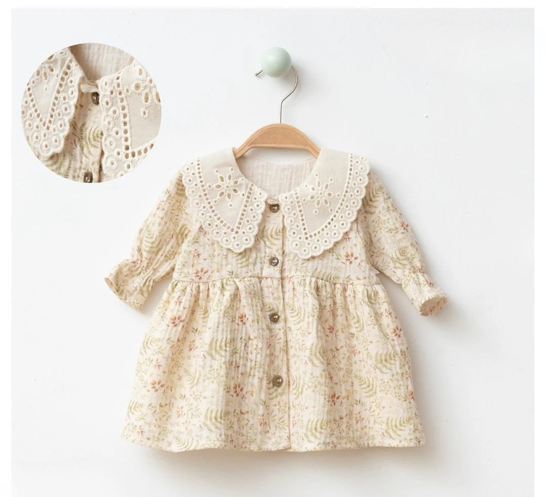 %100 Pamuk Müslin Çiçek Yaprak Desen Fisto Yakalı Düğmeli Elbise