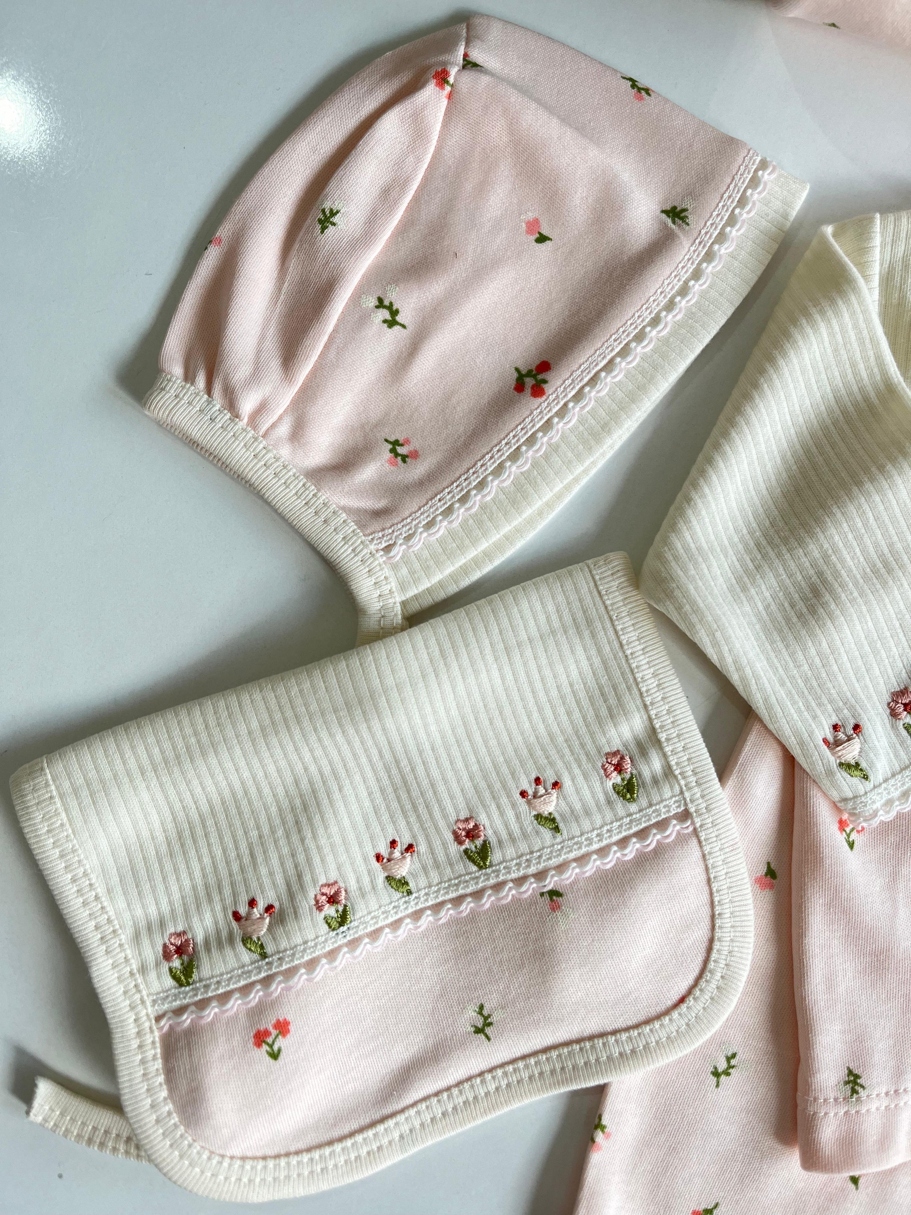 %100 Pamuk Lady Çiçek Nakış 10 Parça Yenidoğan Set