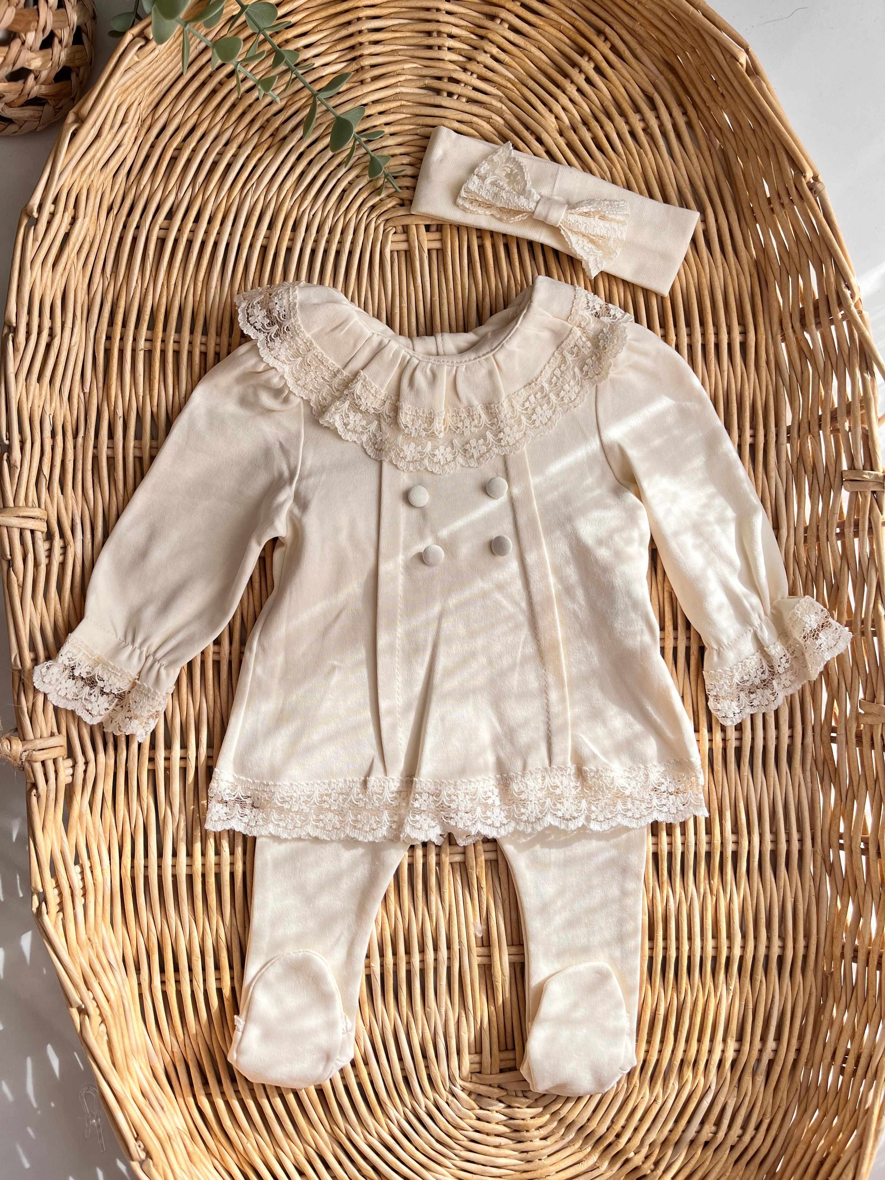 Dantel Yaka Kol Kenarlı Düğme Detay Yenidoğan Bandanalı Takım